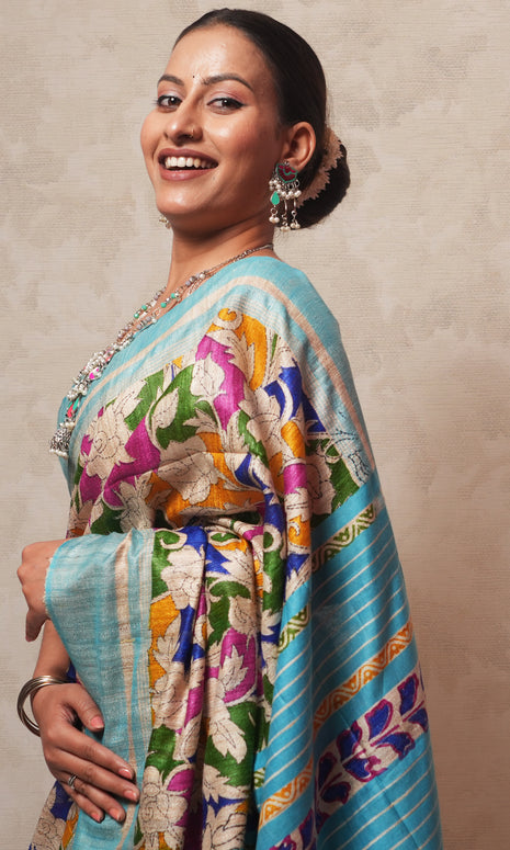 Multicolor Handblock Print On Gicha Tussar Silk Saree