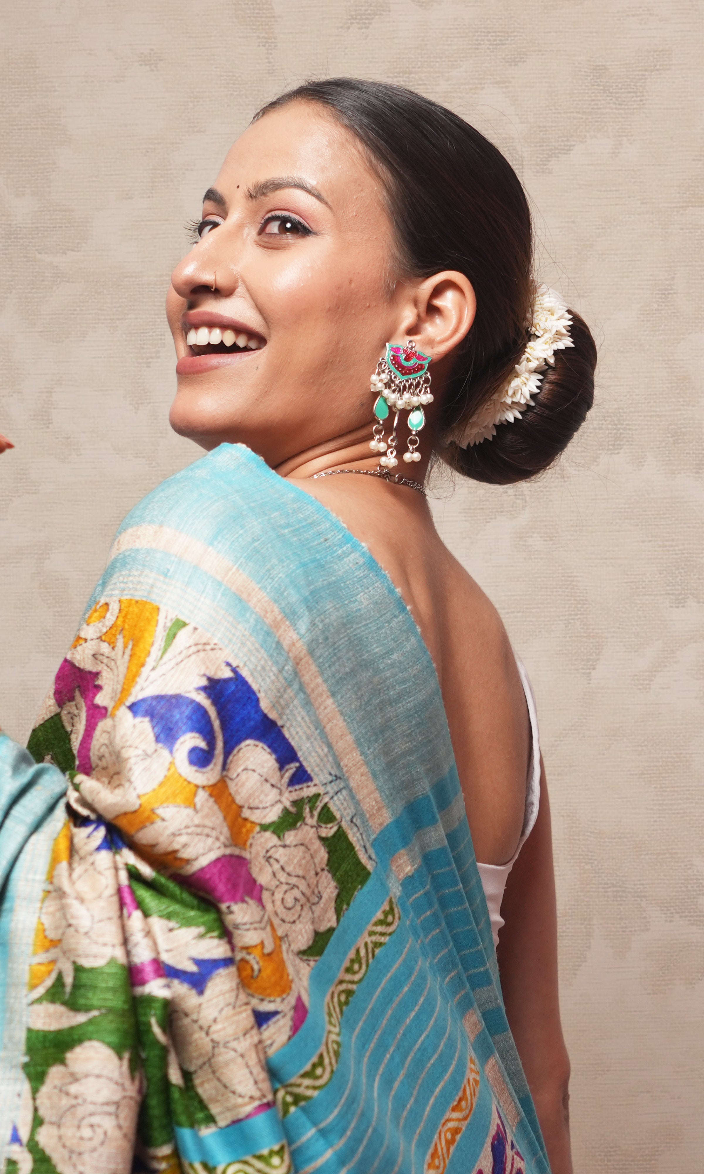 Multicolor Handblock Print On Gicha Tussar Silk Saree