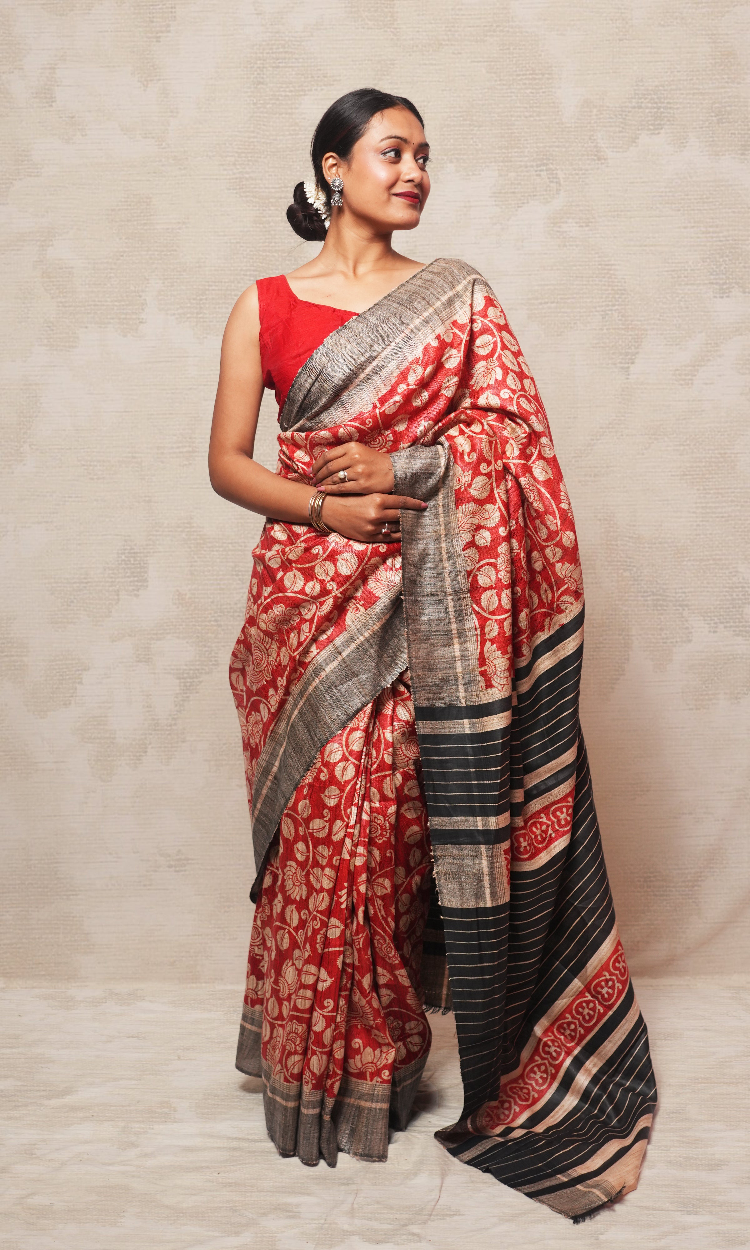 Red Handblock Print On Gicha Tussar Silk Saree