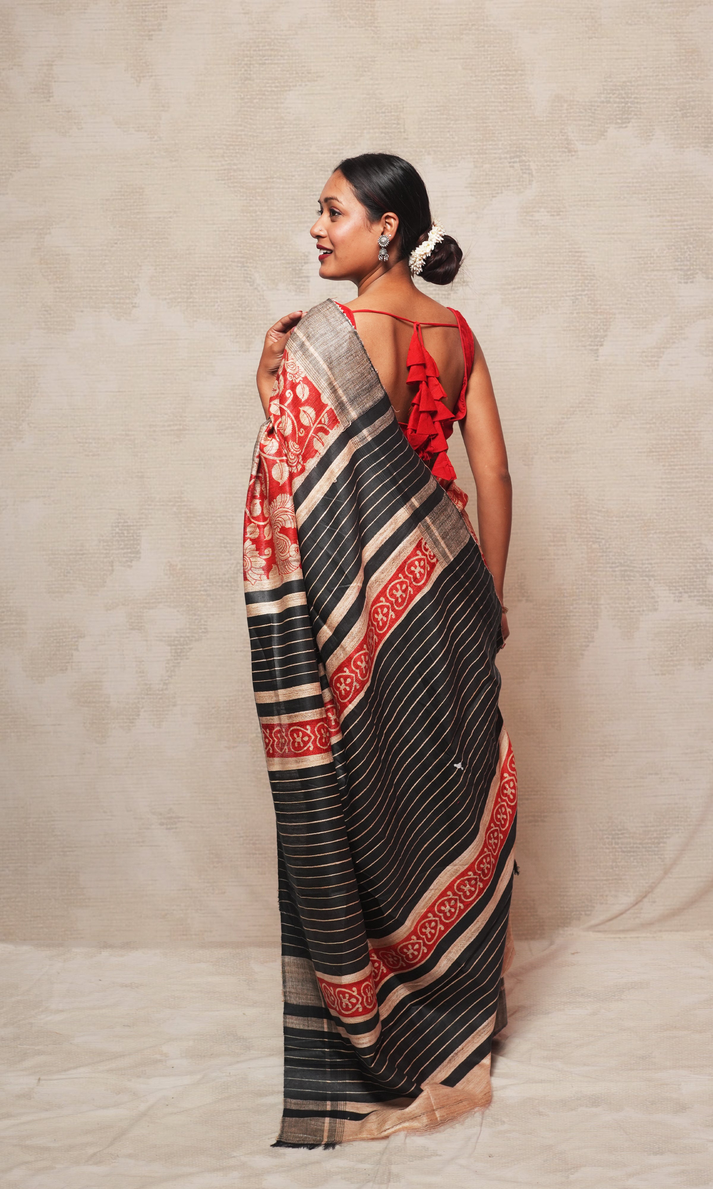 Red Handblock Print On Gicha Tussar Silk Saree