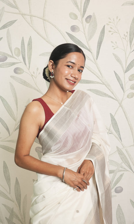 White & Black Butti Maheshwari Saree With Blouse Piece