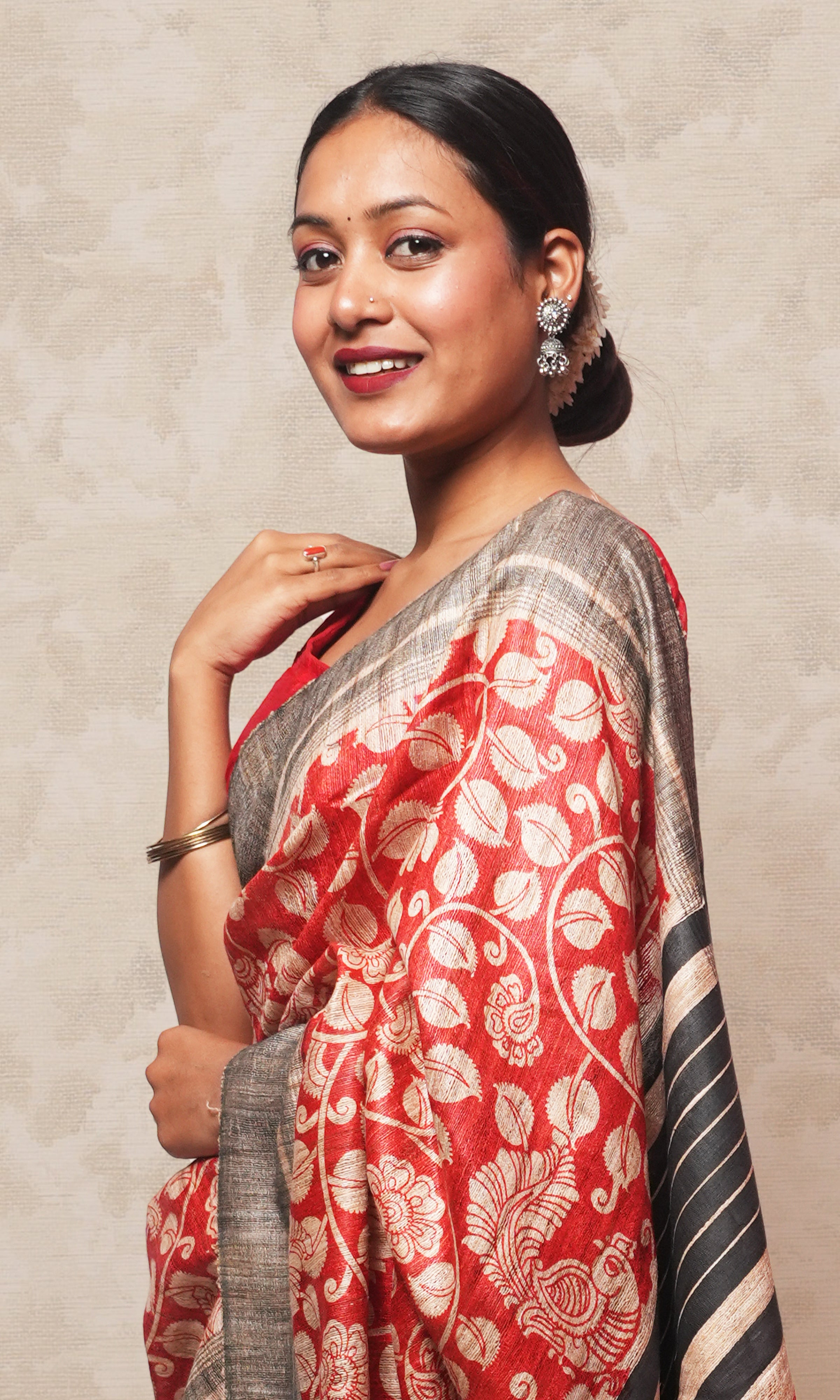 Red Handblock Print On Gicha Tussar Silk Saree