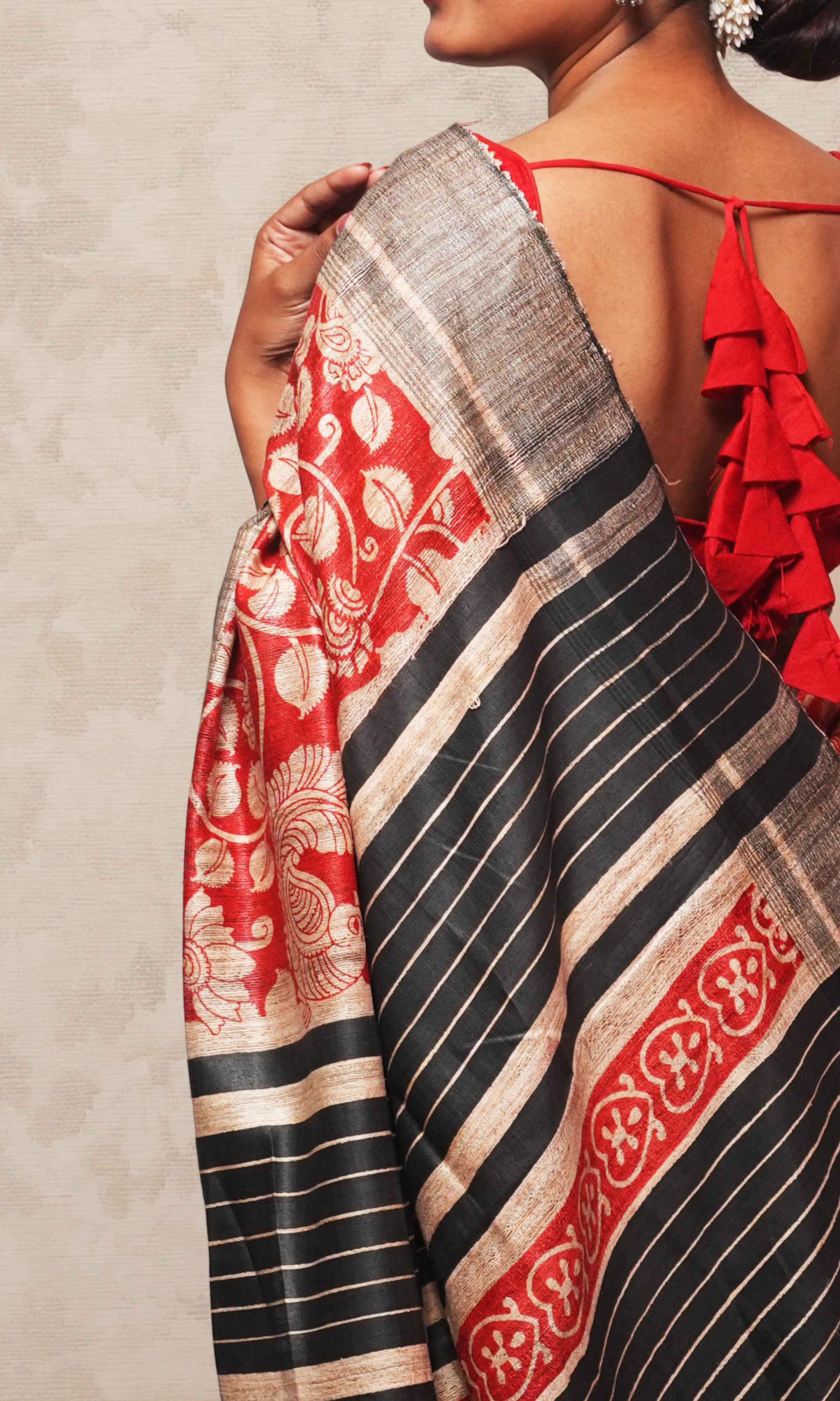 Red Handblock Print On Gicha Tussar Silk Saree