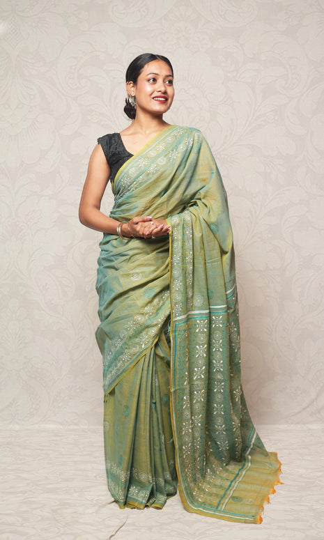 White Katha Work On Sea Green Cotton Saree