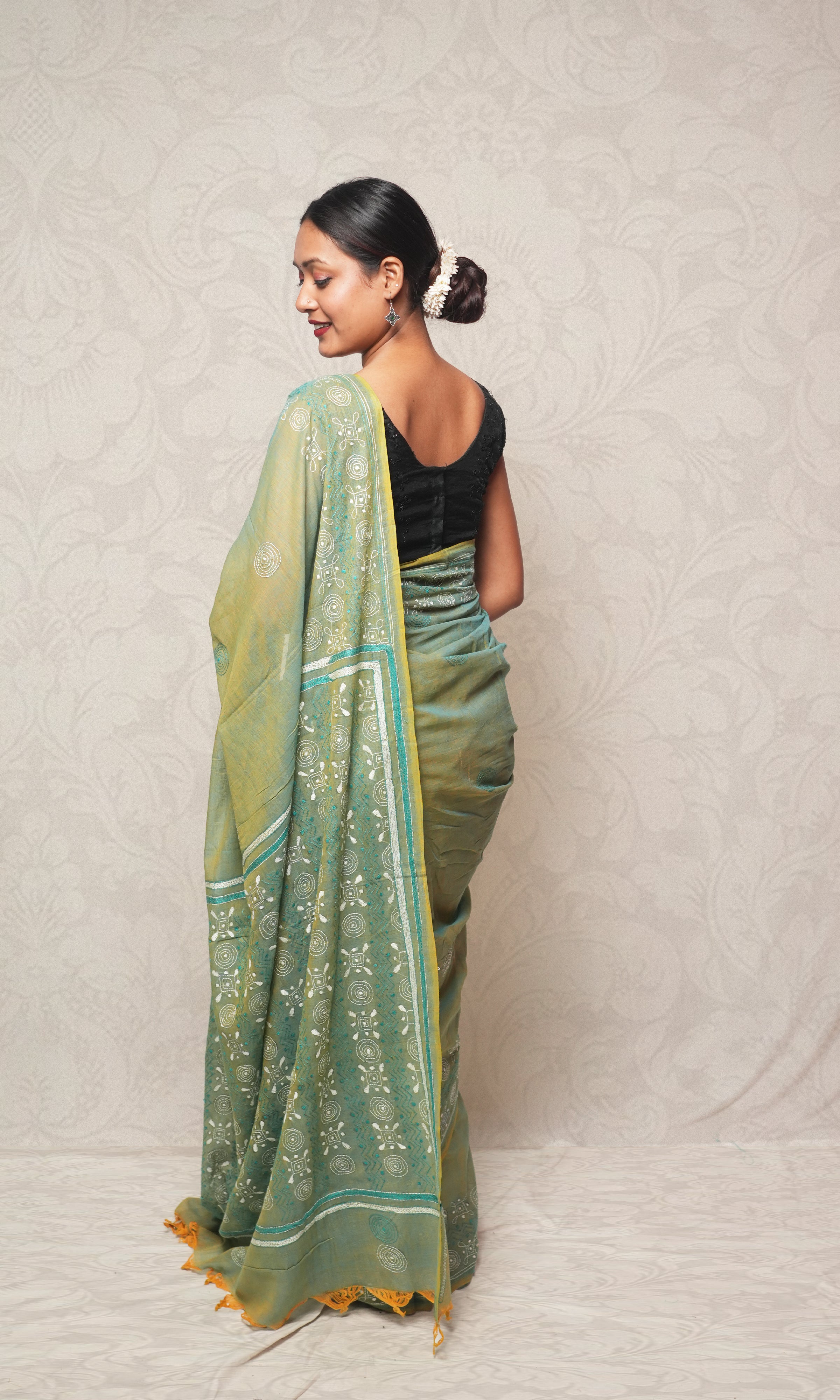 White Katha Work On Sea Green Cotton Saree