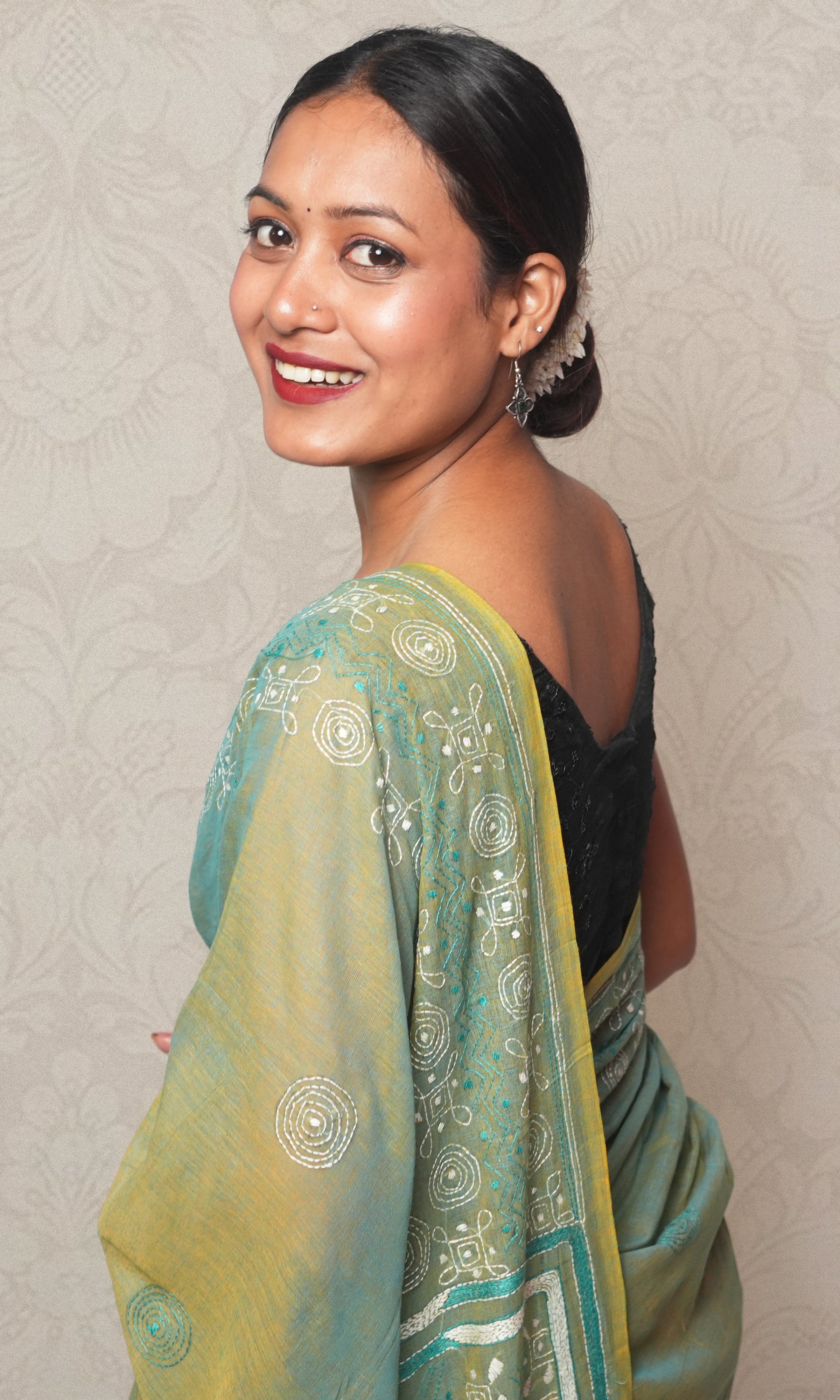 White Katha Work On Sea Green Cotton Saree