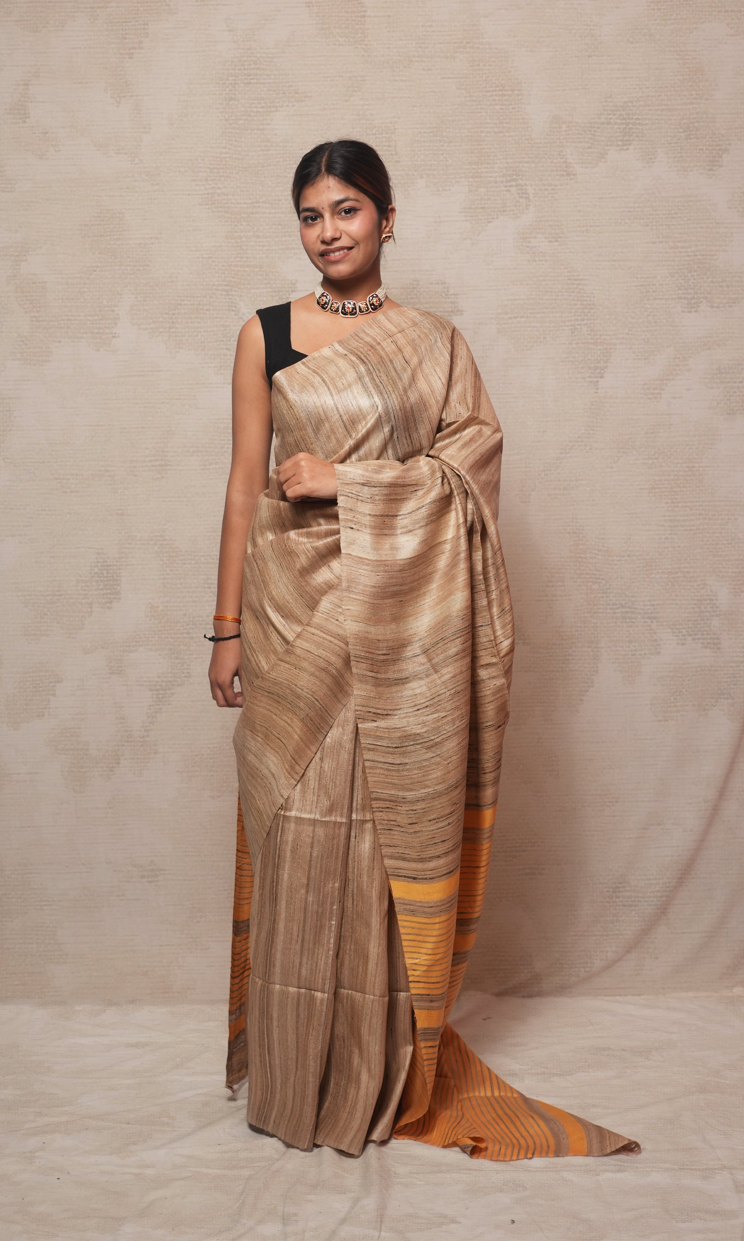 Beautiful Gamboge Yellow And Raw Gold Gicha Tussar Silk Saree
