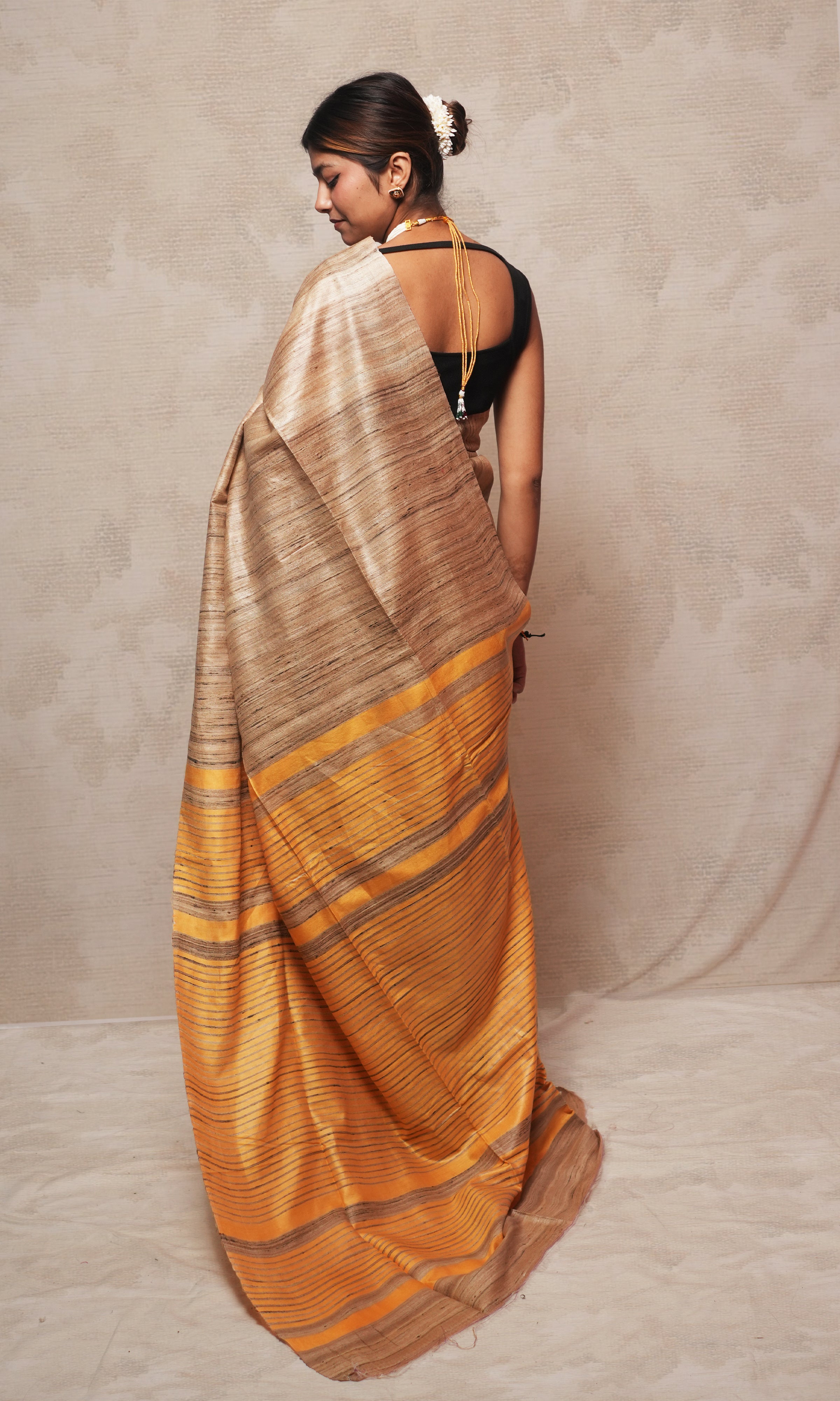 Beautiful Gamboge Yellow And Raw Gold Gicha Tussar Silk Saree