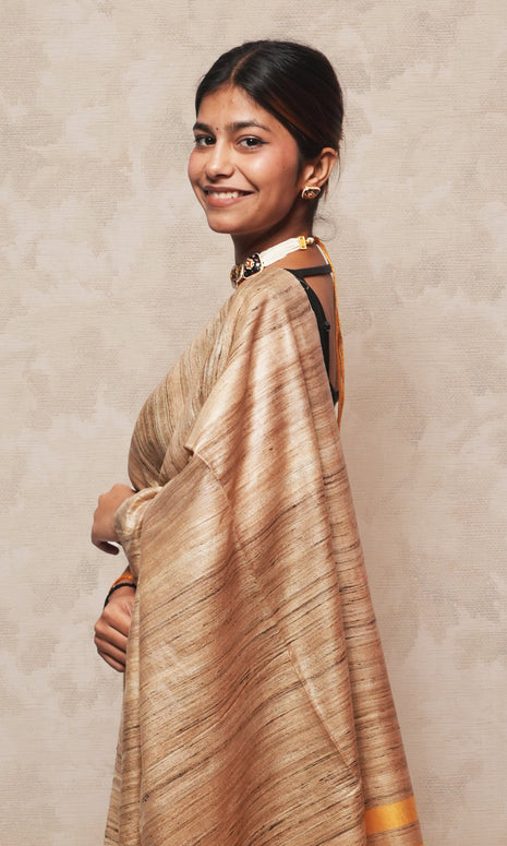 Beautiful Gamboge Yellow And Raw Gold Gicha Tussar Silk Saree