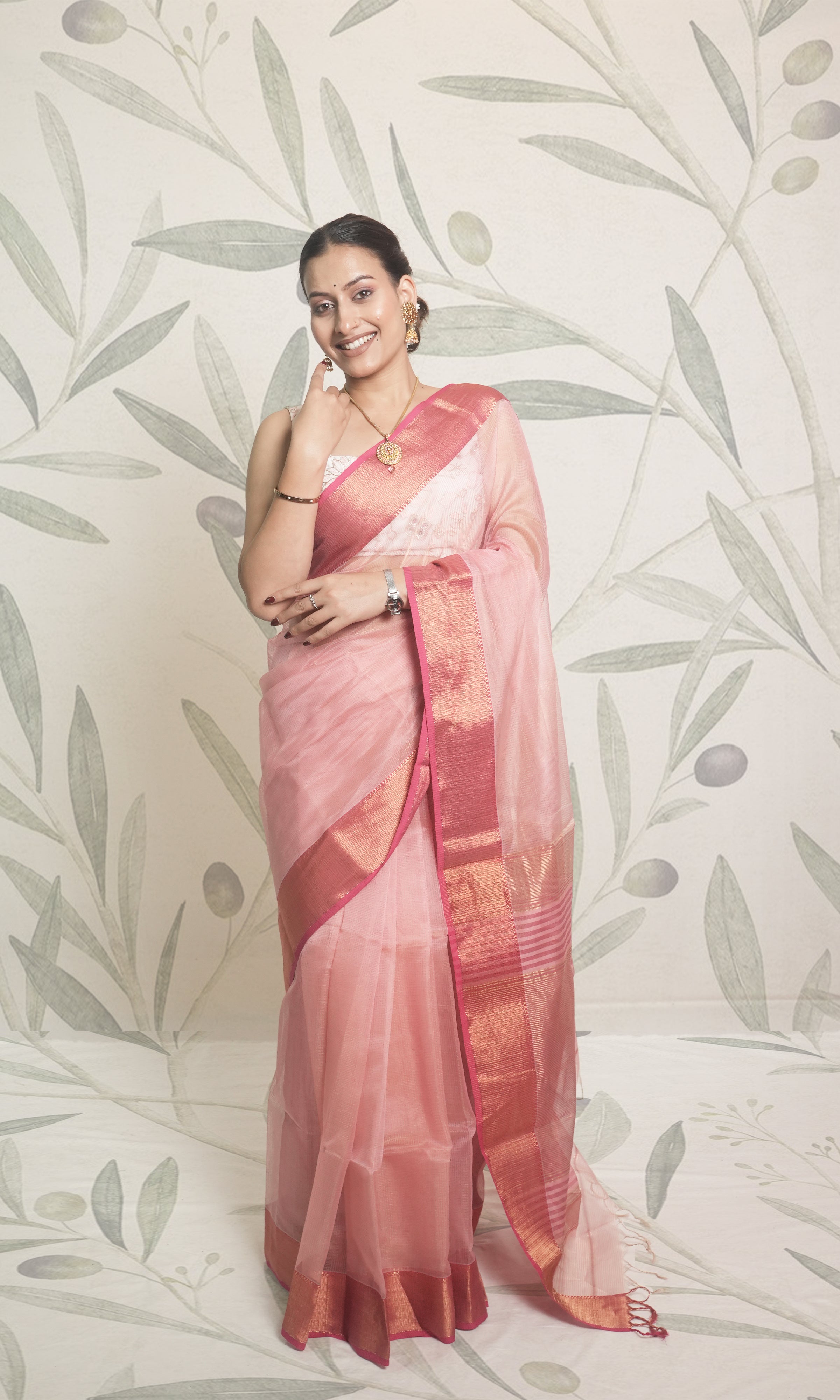 Light Pink & Red Stripe Tissue Maheshwari Silk Saree With Blouse Piece