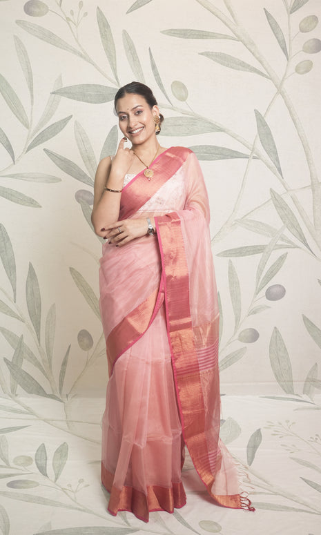 Light Pink & Red Stripe Tissue Maheshwari Silk Saree With Blouse Piece
