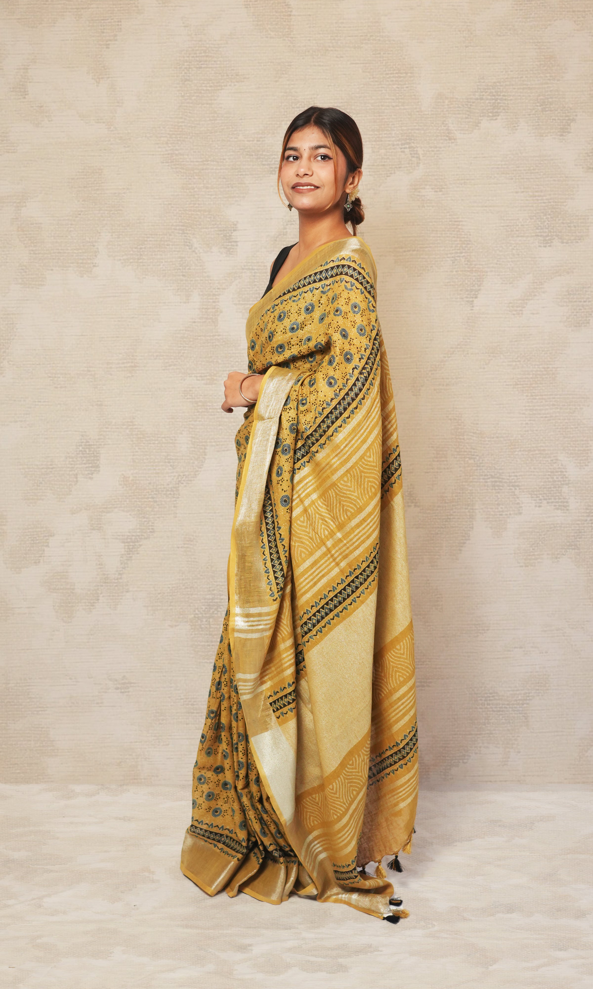 Mustard Yellow Ajrak Print Linen Saree