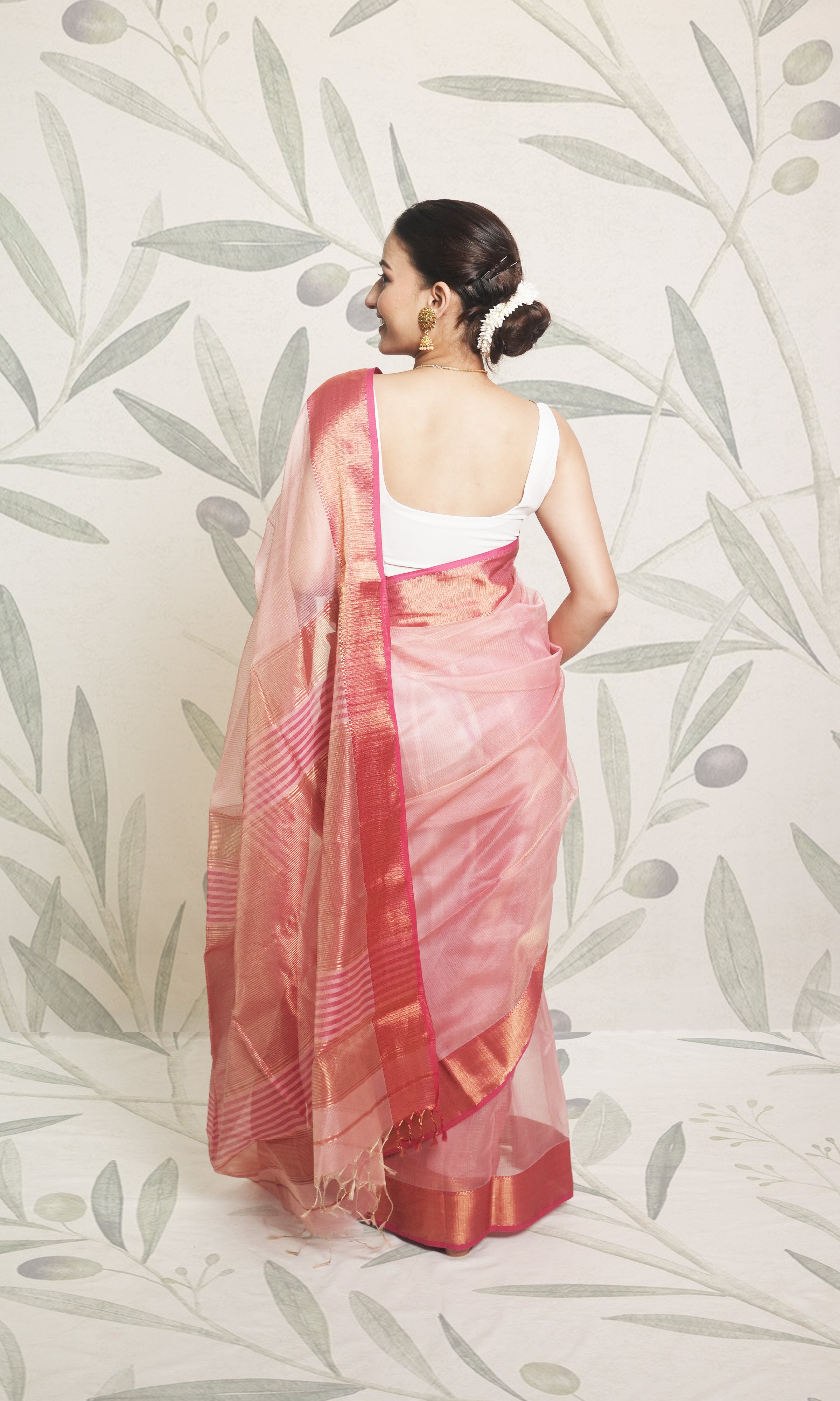 Light Pink & Red Stripe Tissue Maheshwari Silk Saree With Blouse Piece