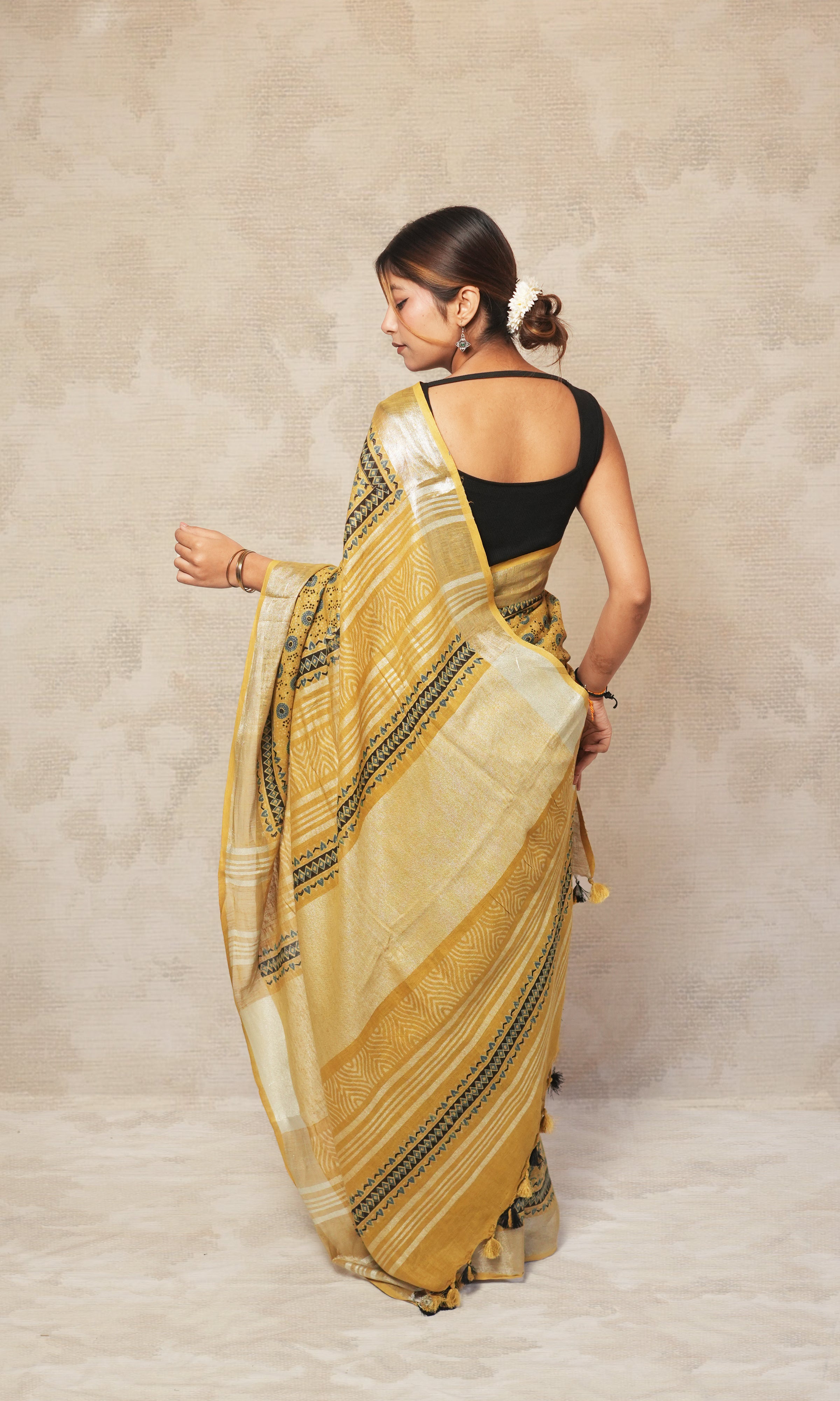 Mustard Yellow Ajrak Print Linen Saree