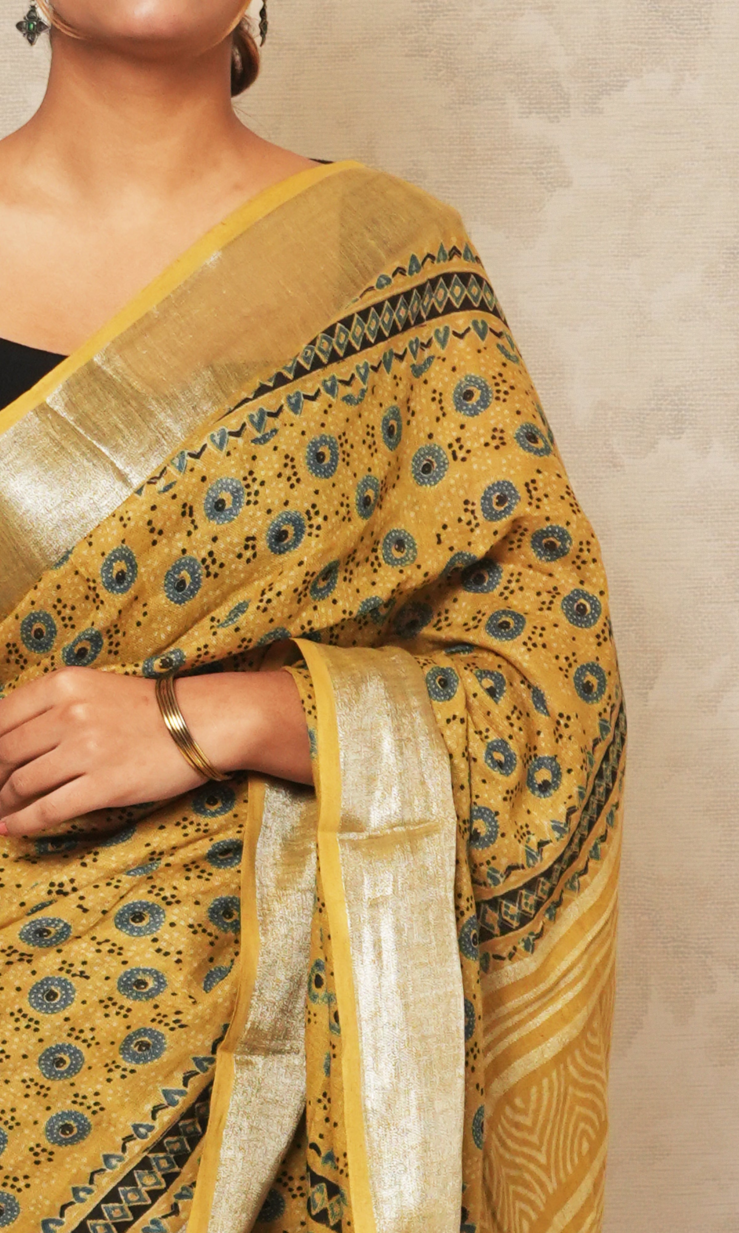 Mustard Yellow Ajrak Print Linen Saree