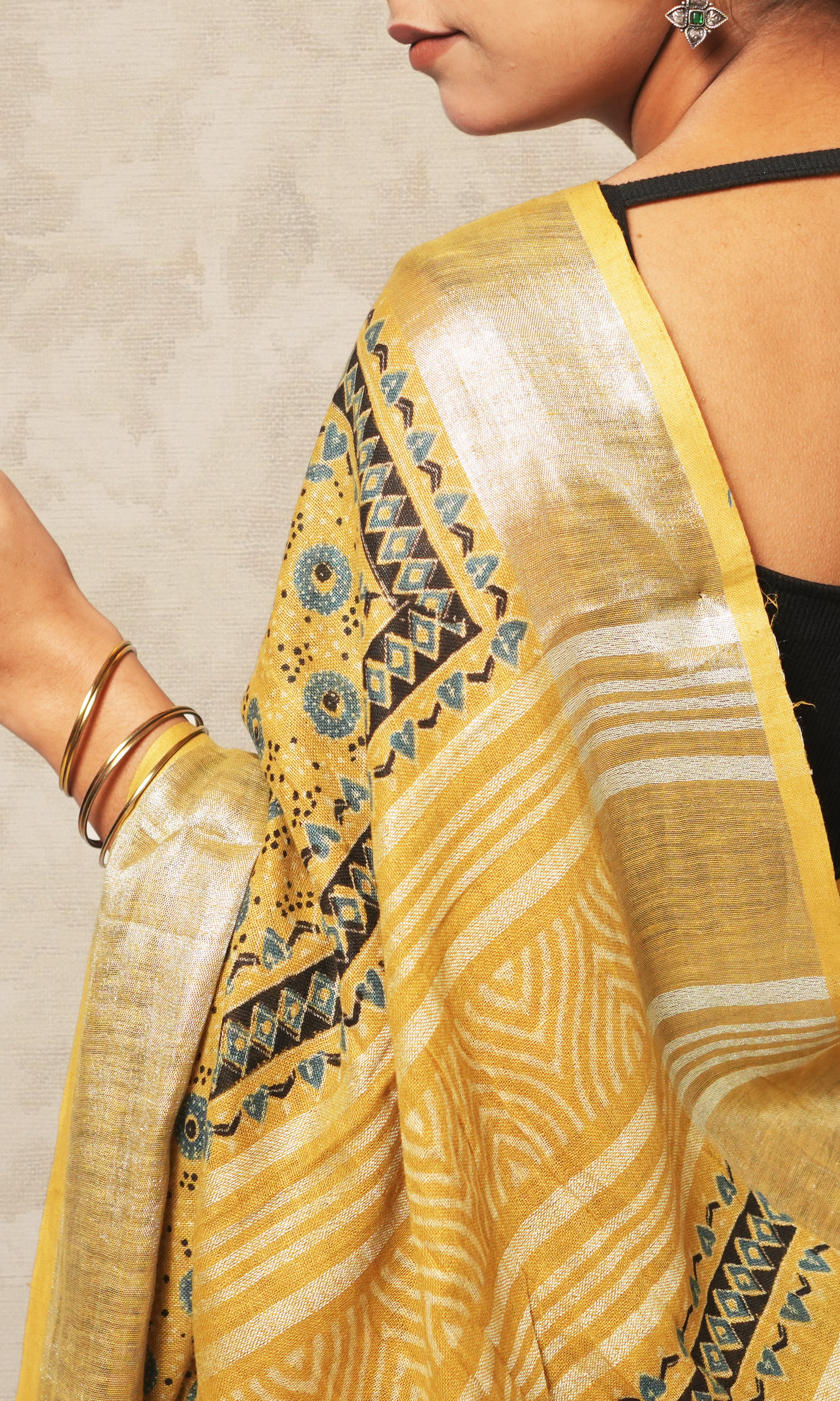 Mustard Yellow Ajrak Print Linen Saree