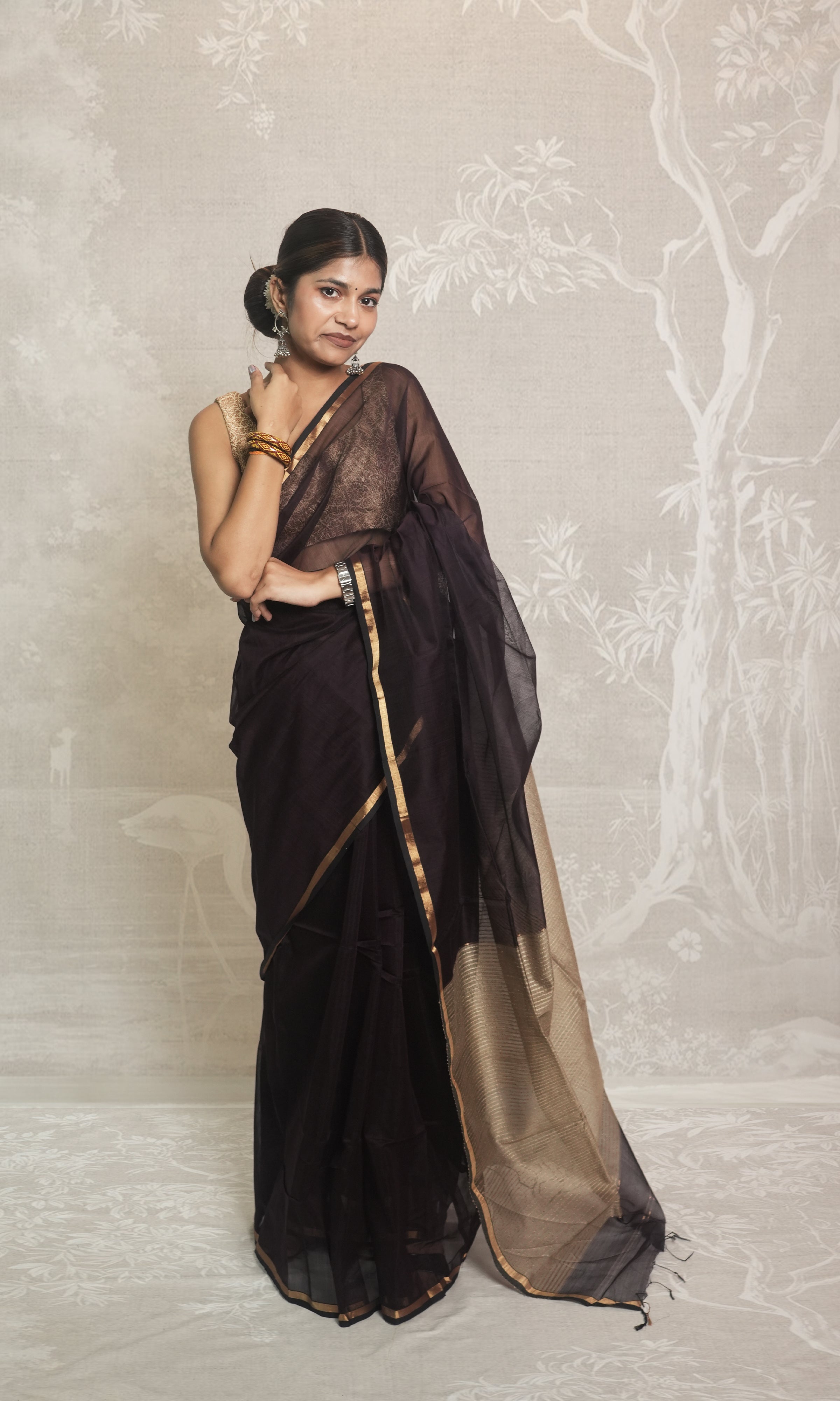 Dark Wine with Geecha Palla & Blouse Maheshwari Saree With Blouse Piece