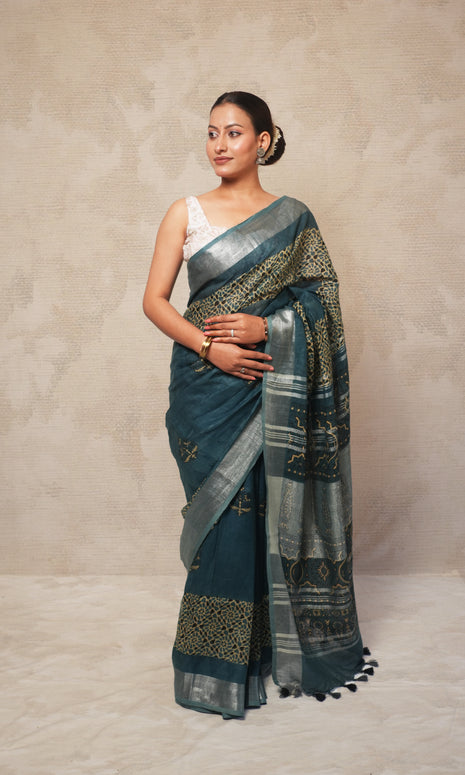 Grey Ajrak Print Linen Saree