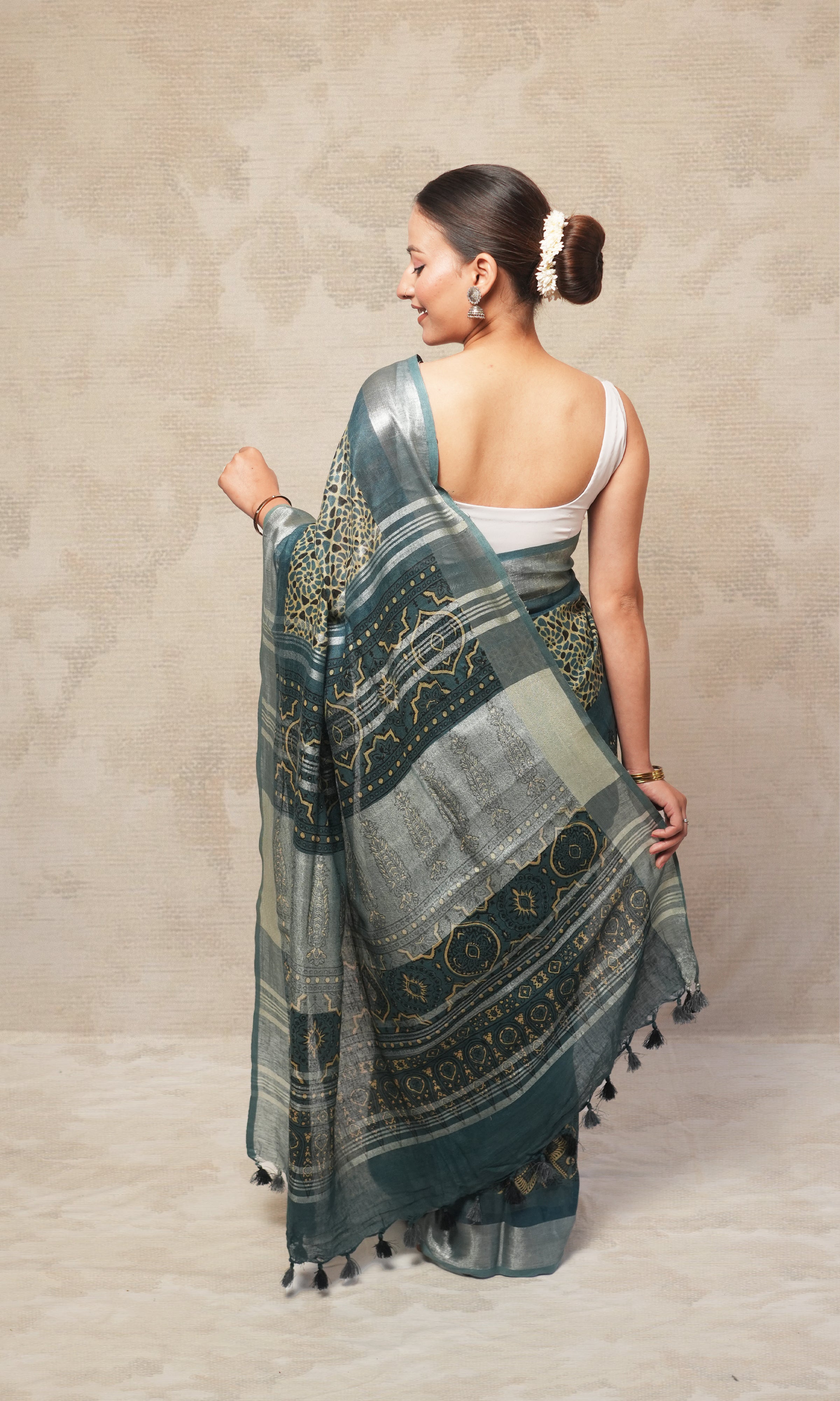 Grey Ajrak Print Linen Saree