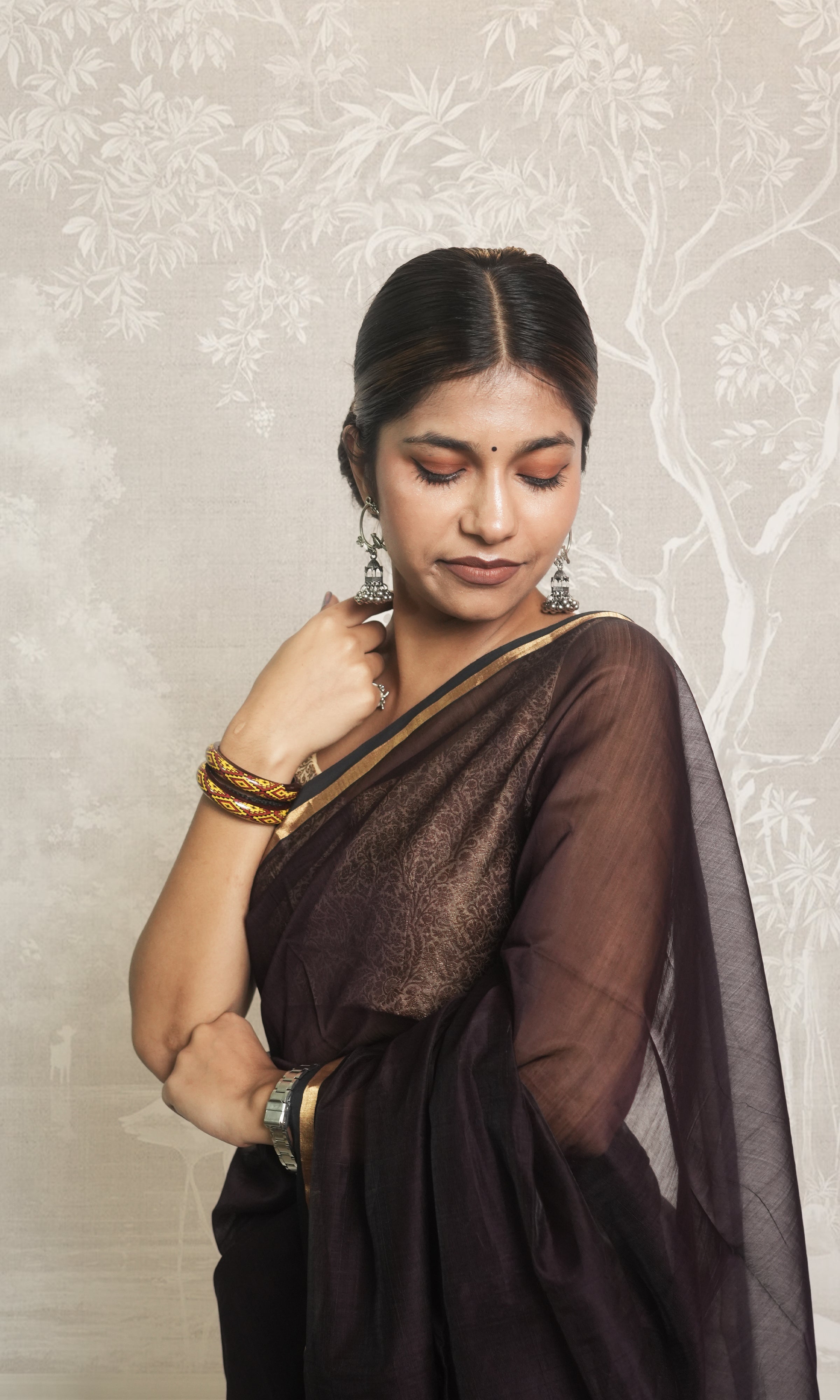 Dark Wine with Geecha Palla & Blouse Maheshwari Saree With Blouse Piece