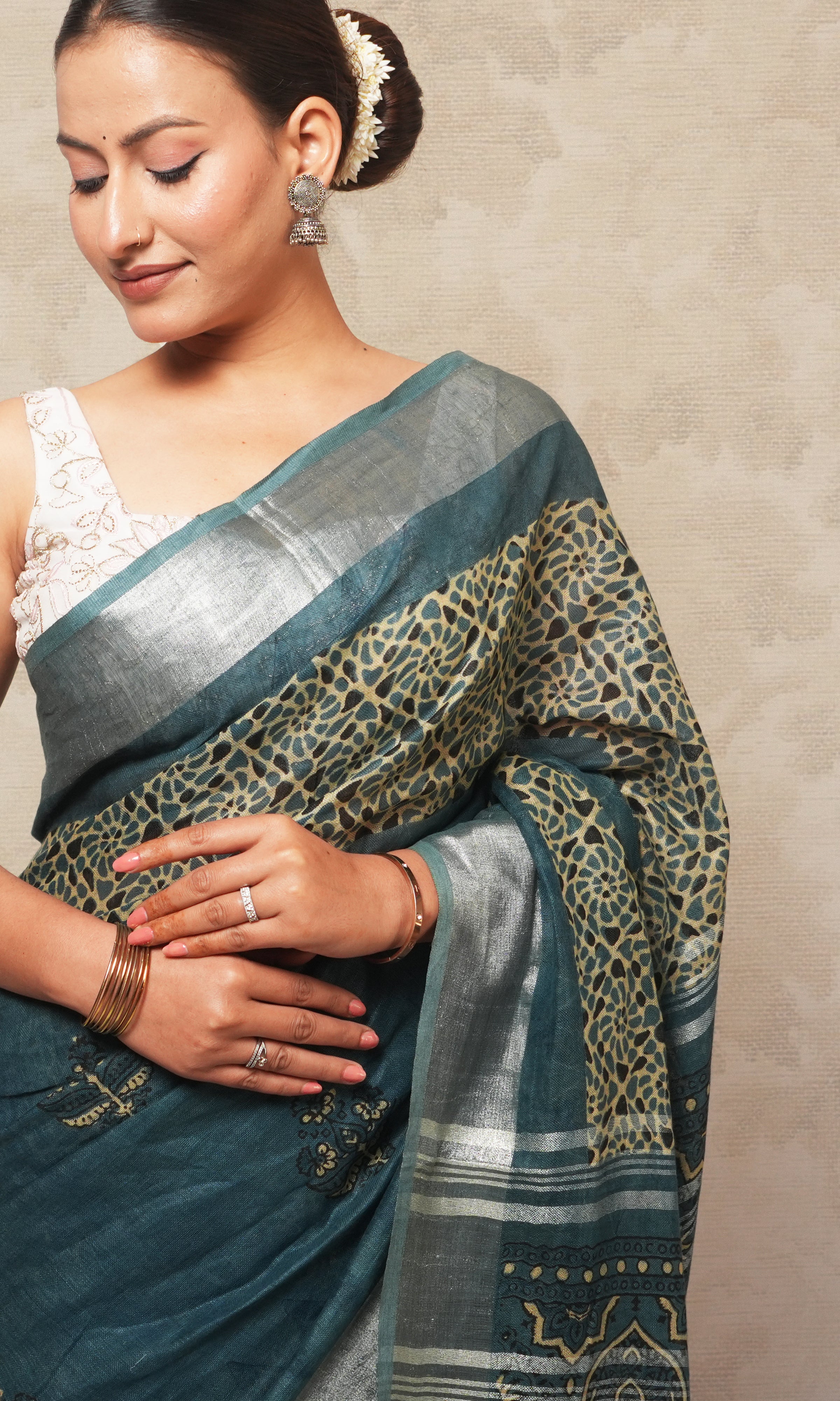 Grey Ajrak Print Linen Saree