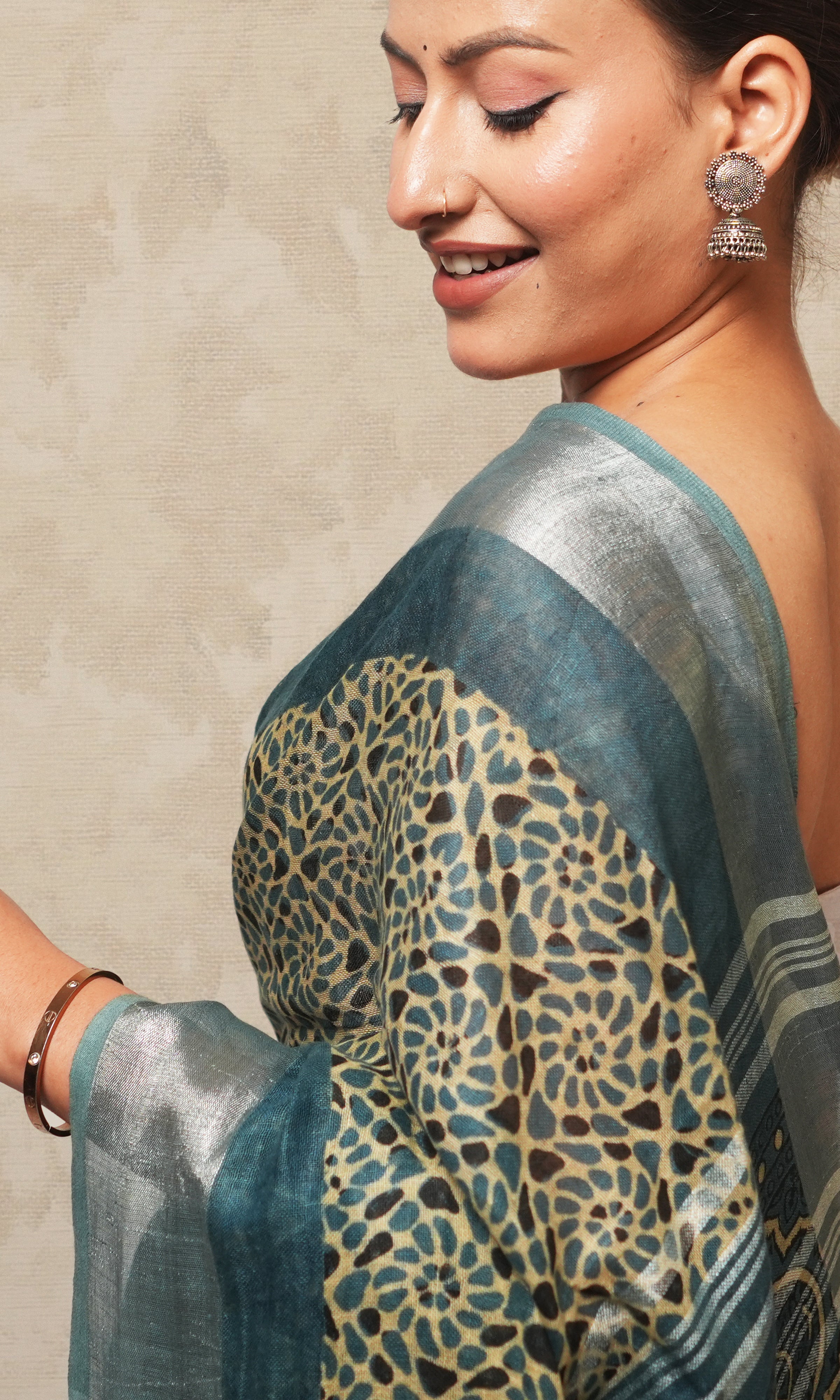 Grey Ajrak Print Linen Saree
