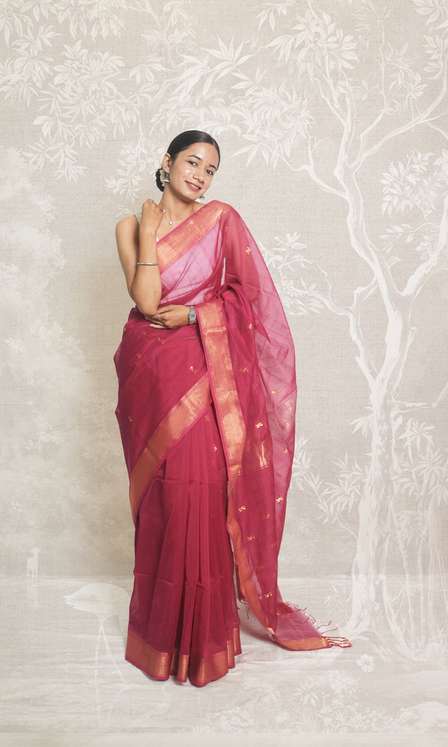 Rani Pink Zari Maheshwari Silk Saree With Blouse Piece