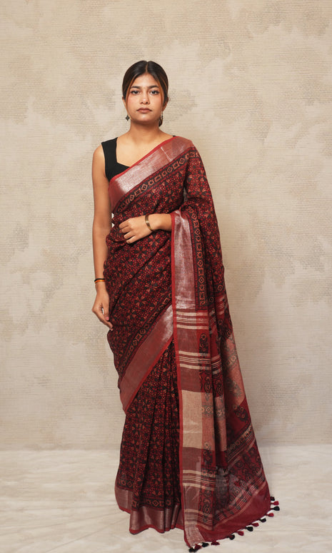 Brick Red Ajrak Print Linen Saree
