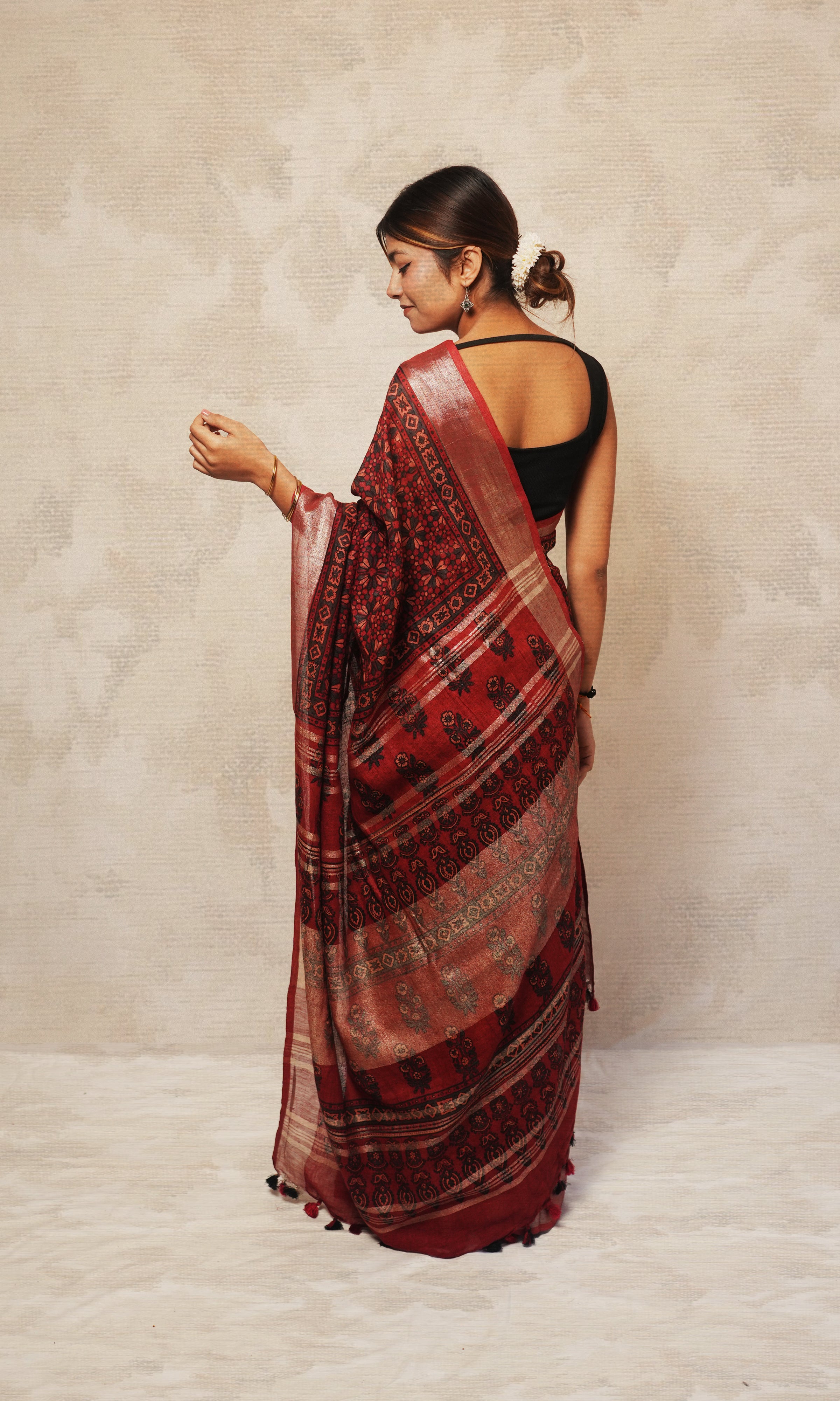 Brick Red Ajrak Print Linen Saree