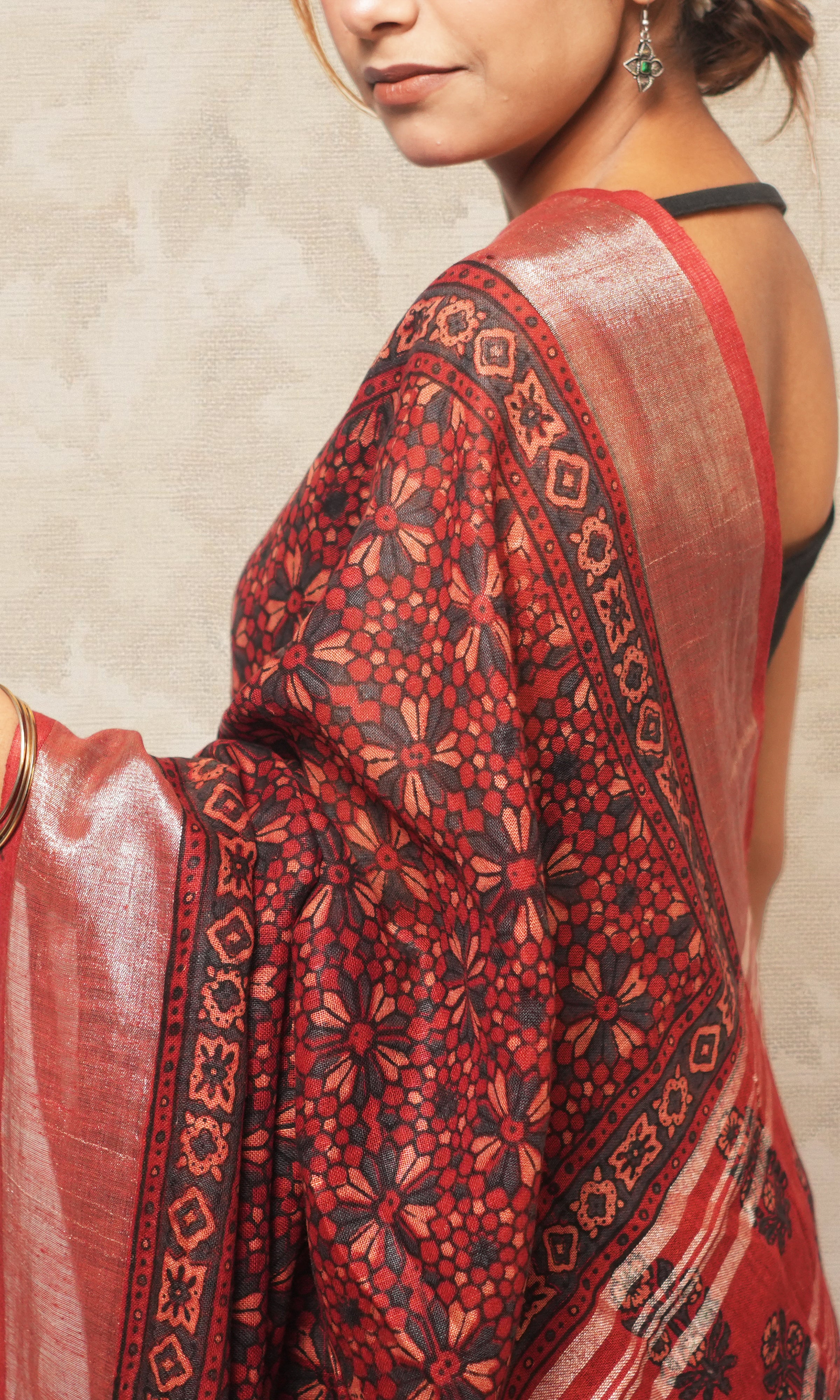 Brick Red Ajrak Print Linen Saree