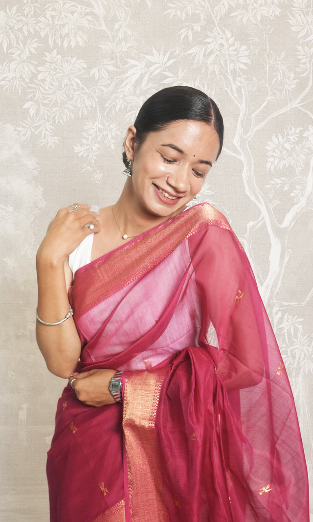 Rani Pink Zari Maheshwari Silk Saree With Blouse Piece