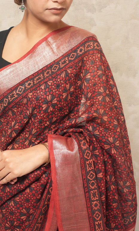 Brick Red Ajrak Print Linen Saree