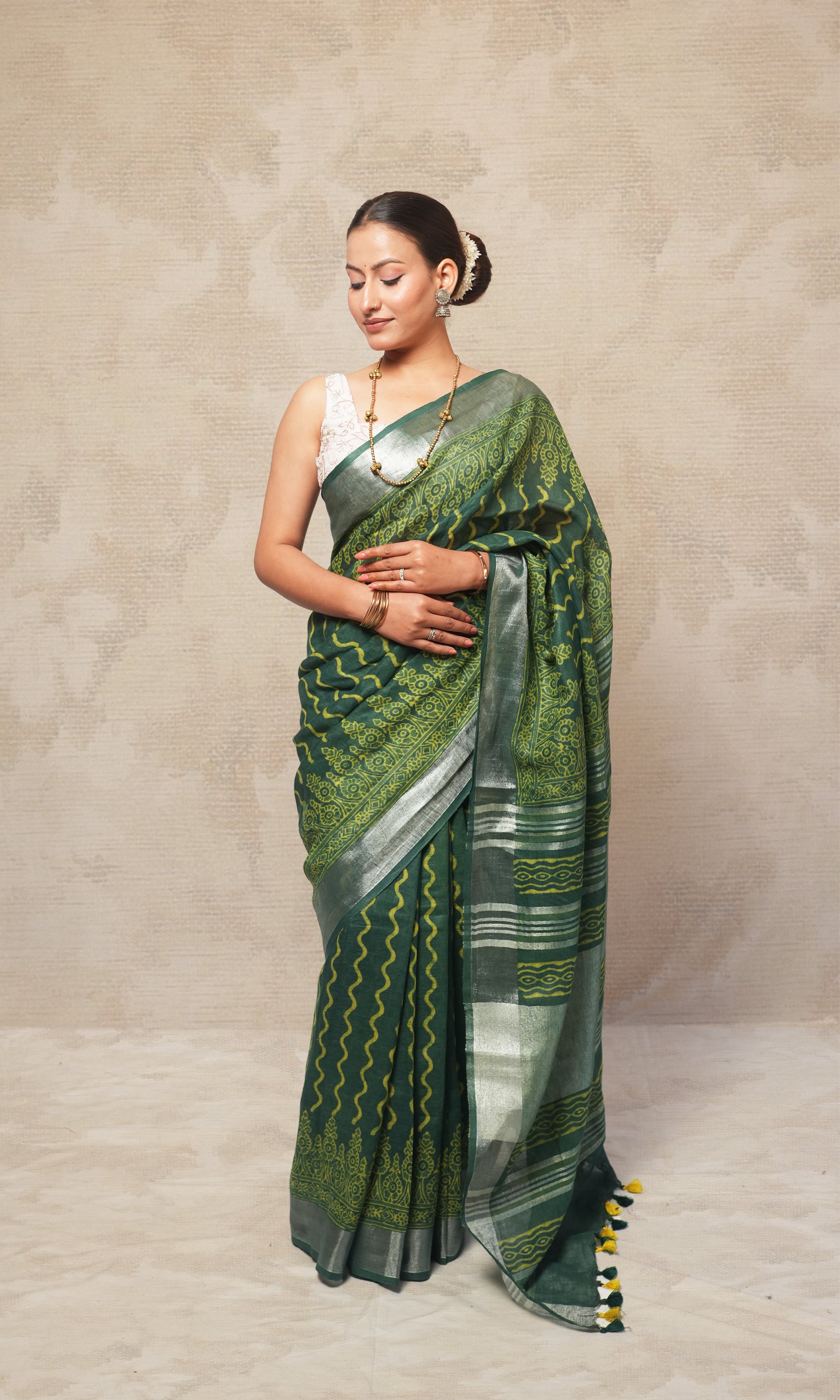 Deep Green  Ajrak Print Linen Saree