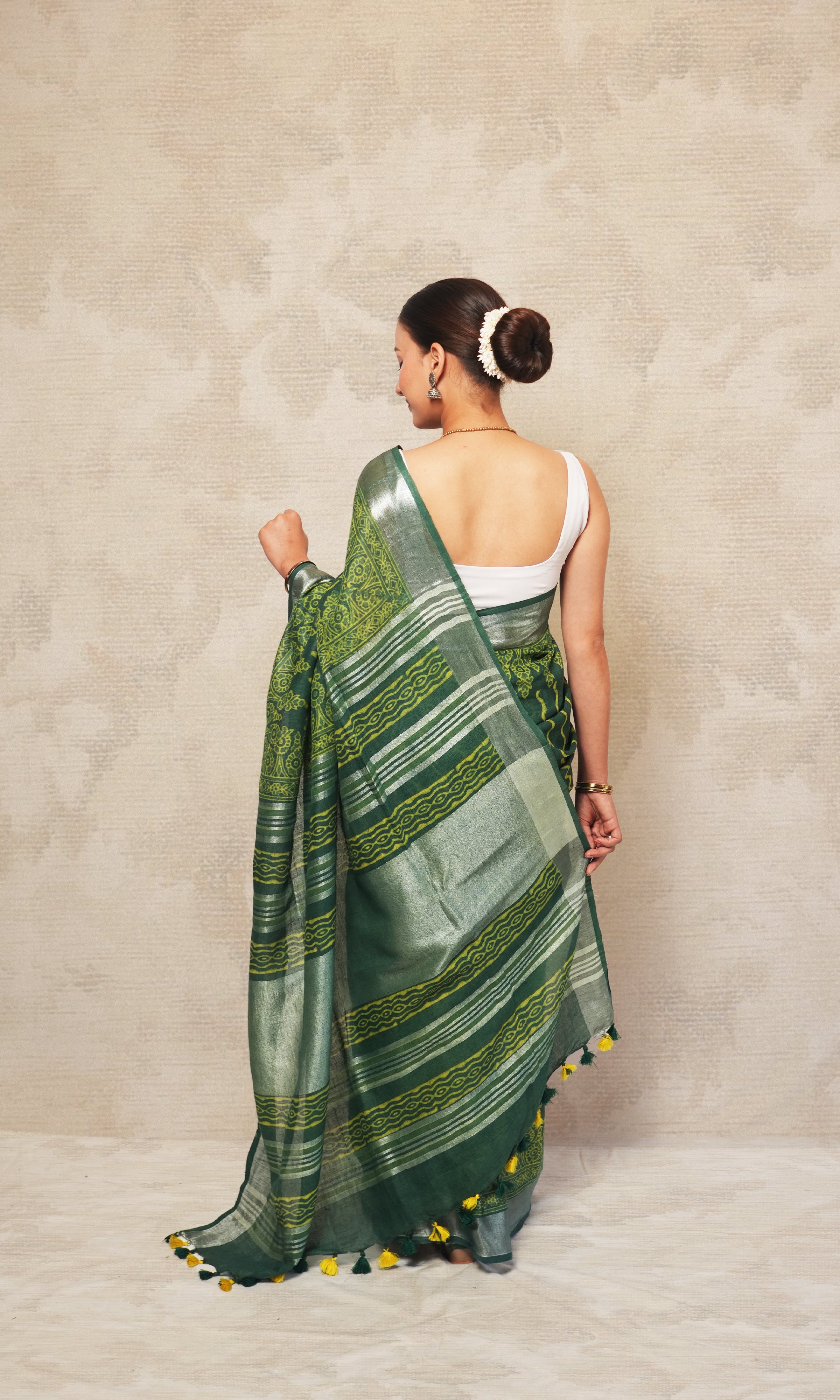 Deep Green  Ajrak Print Linen Saree
