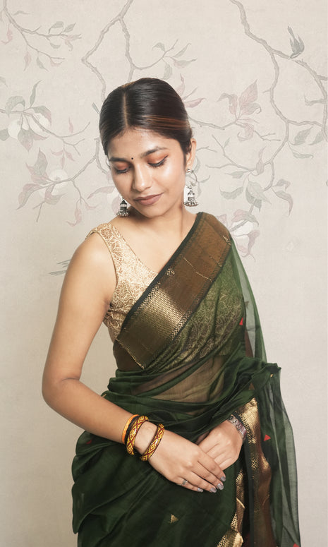 Red & Dark Green Tissues Maheshwari Saree With Blouse Piece