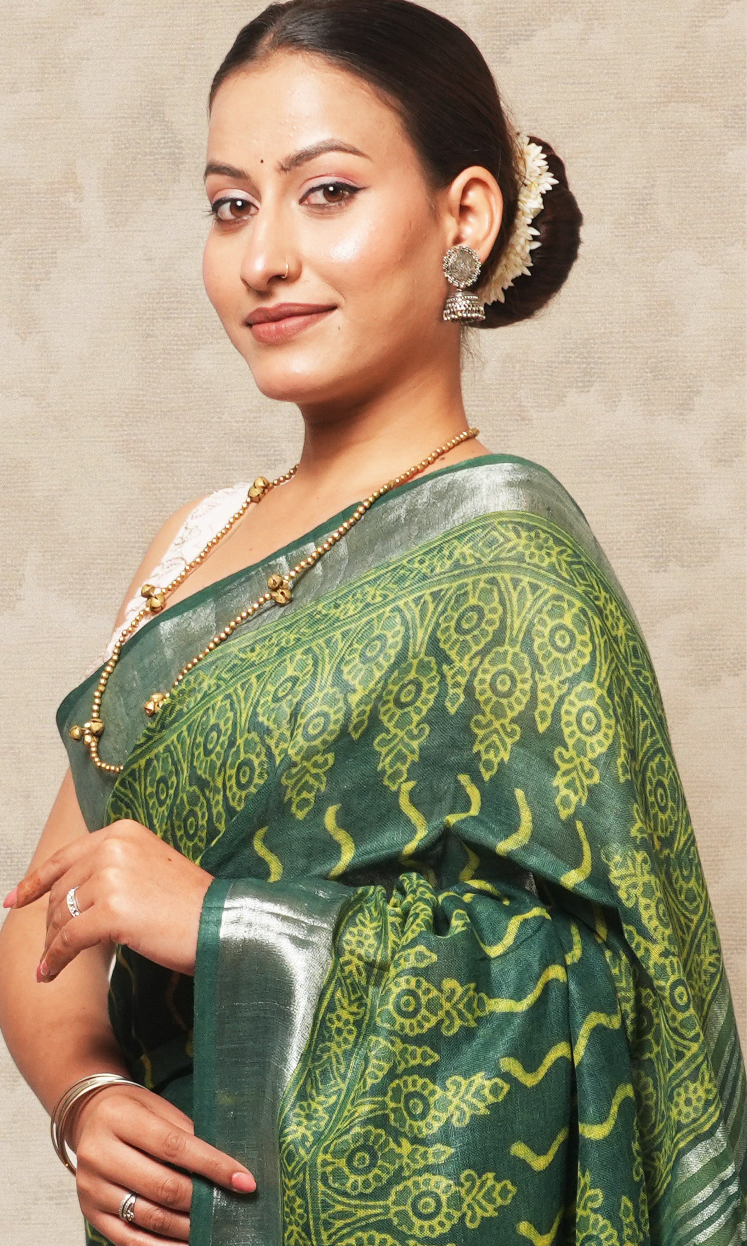 Deep Green  Ajrak Print Linen Saree