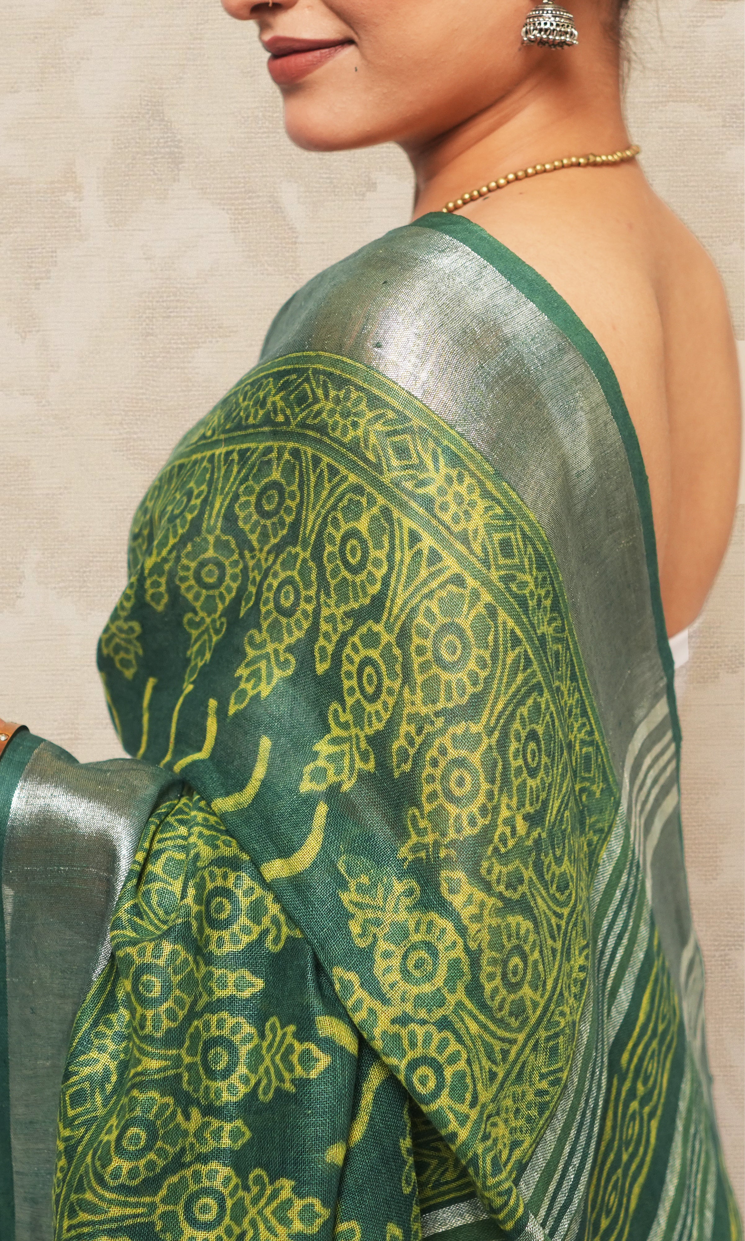 Deep Green  Ajrak Print Linen Saree
