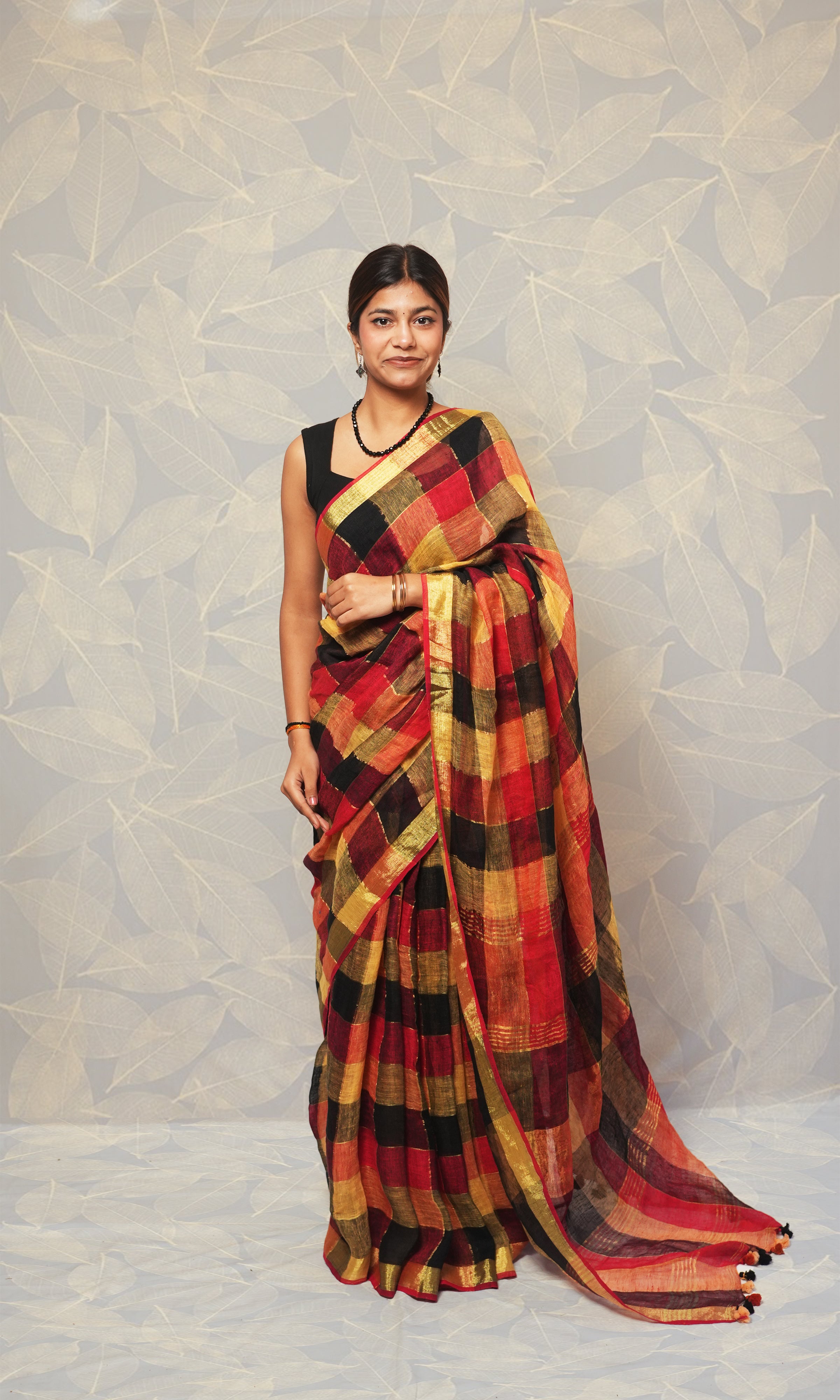 Red Black Gold Check Linen Saree