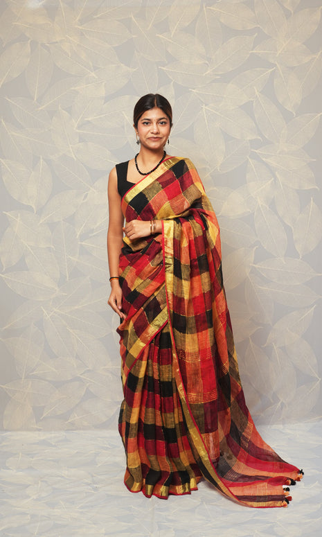 Red Black Gold Check Linen Saree