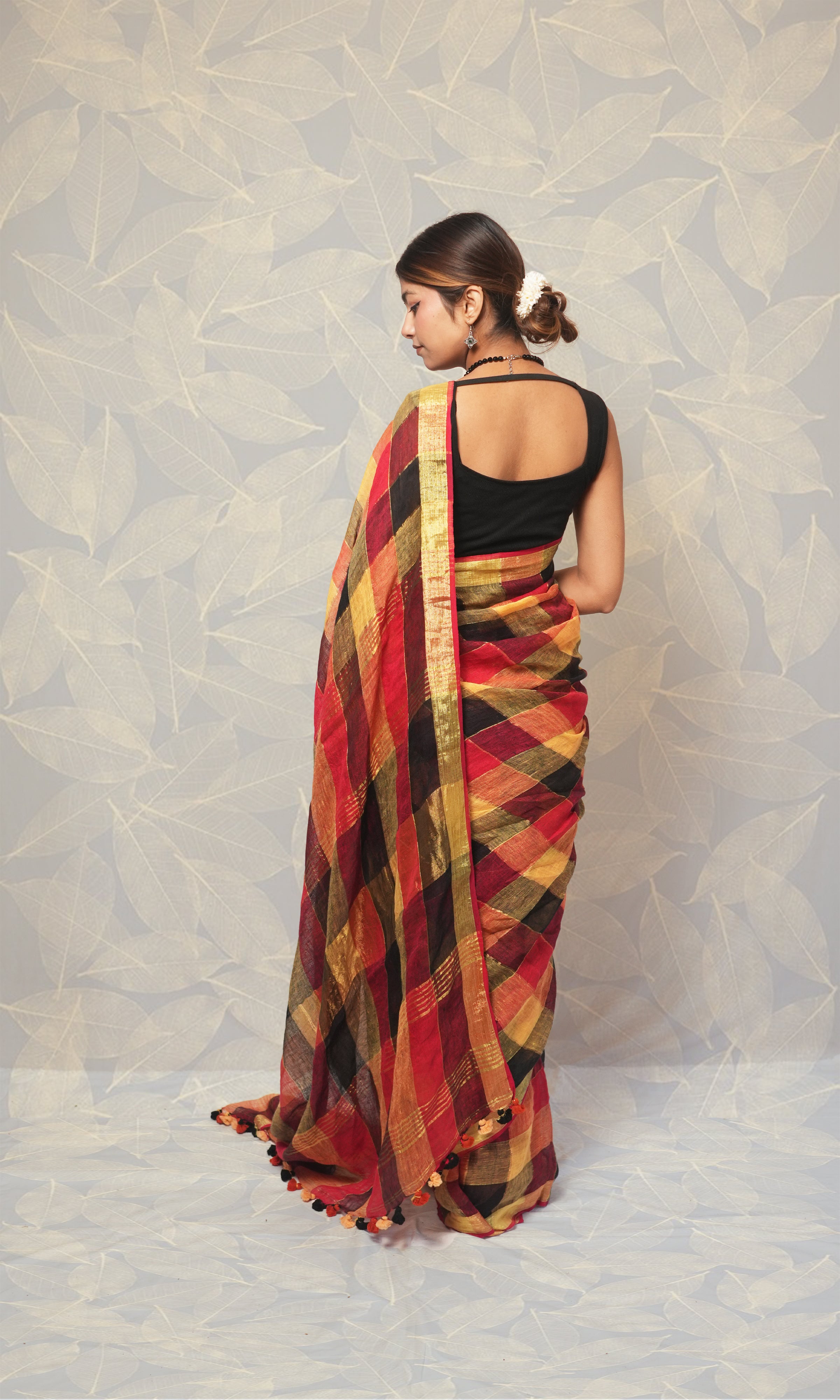 Red Black Gold Check Linen Saree