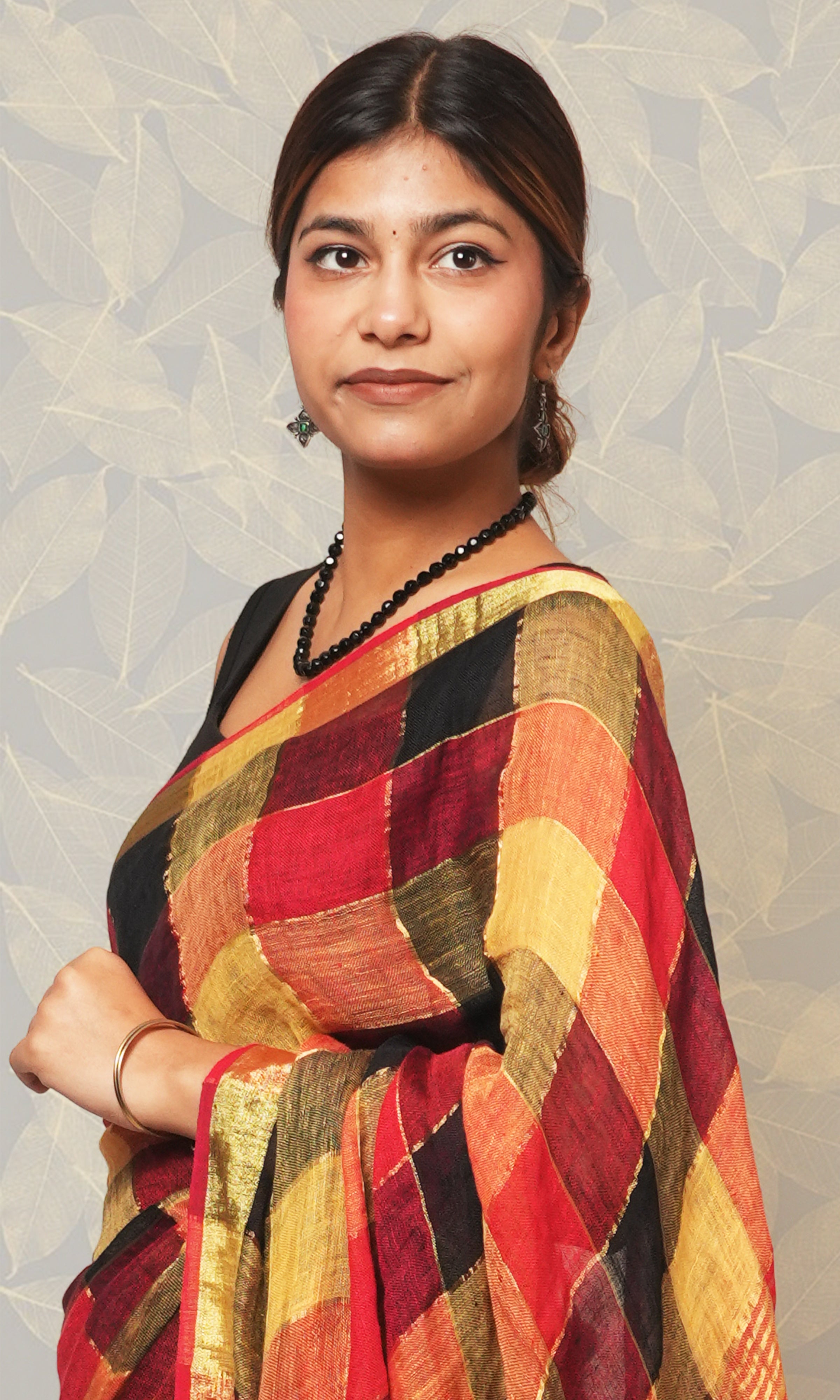 Red Black Gold Check Linen Saree