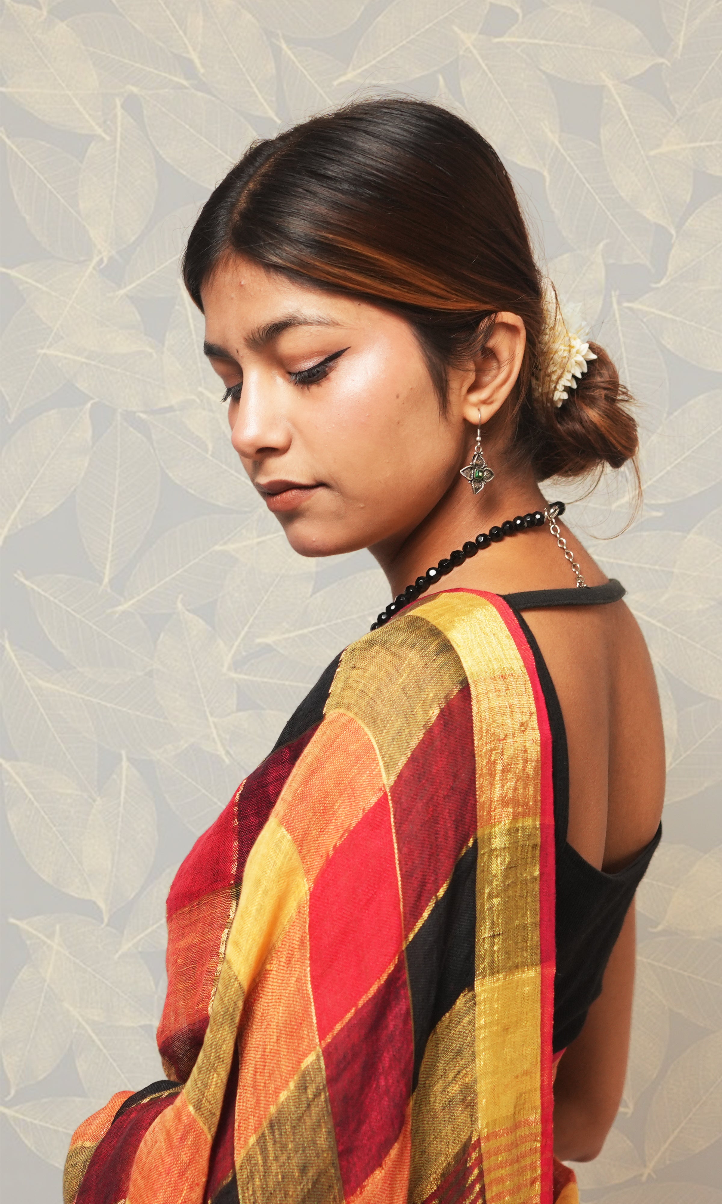 Red Black Gold Check Linen Saree