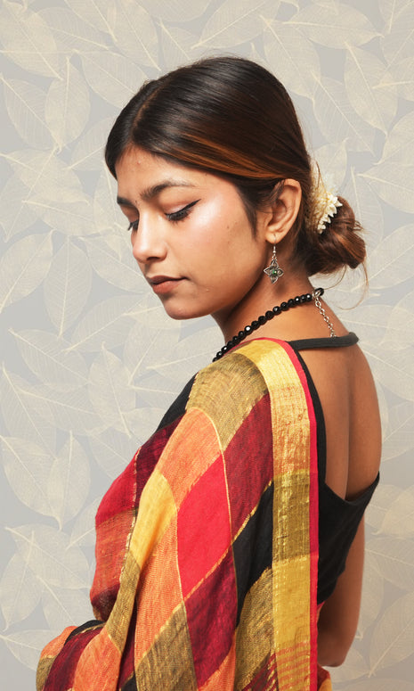 Red Black Gold Check Linen Saree
