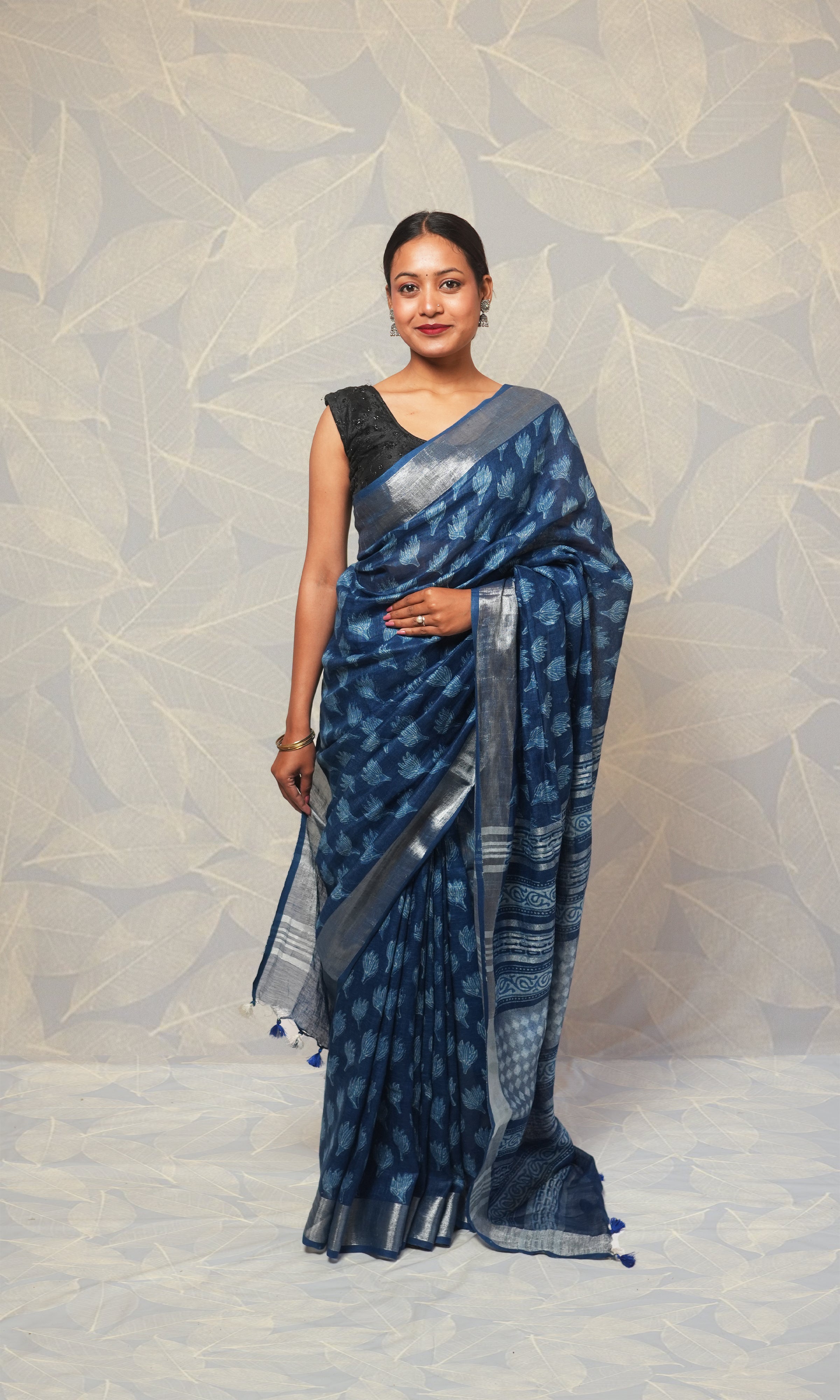 Indigo Hand Blockprint Linen Saree
