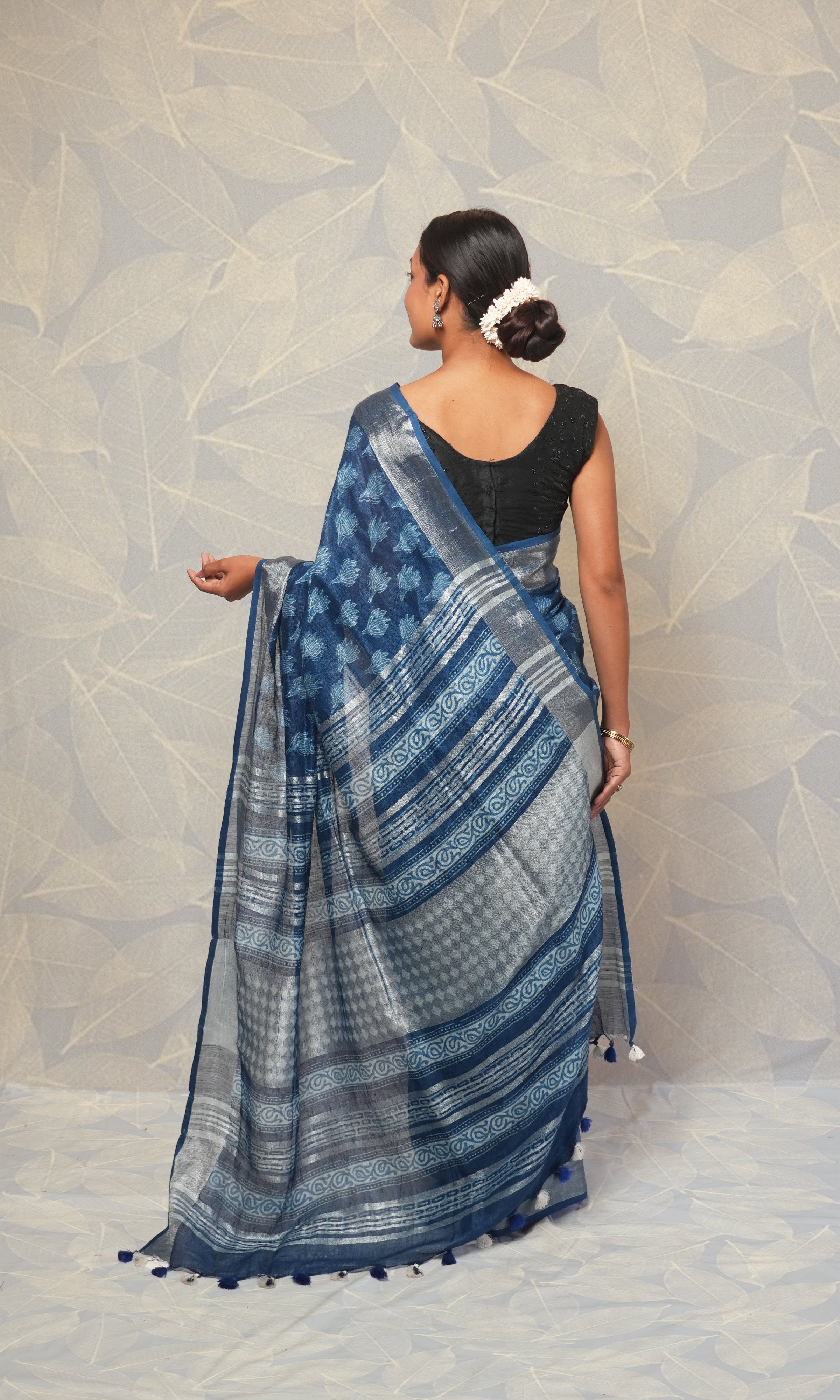 Indigo Hand Blockprint Linen Saree