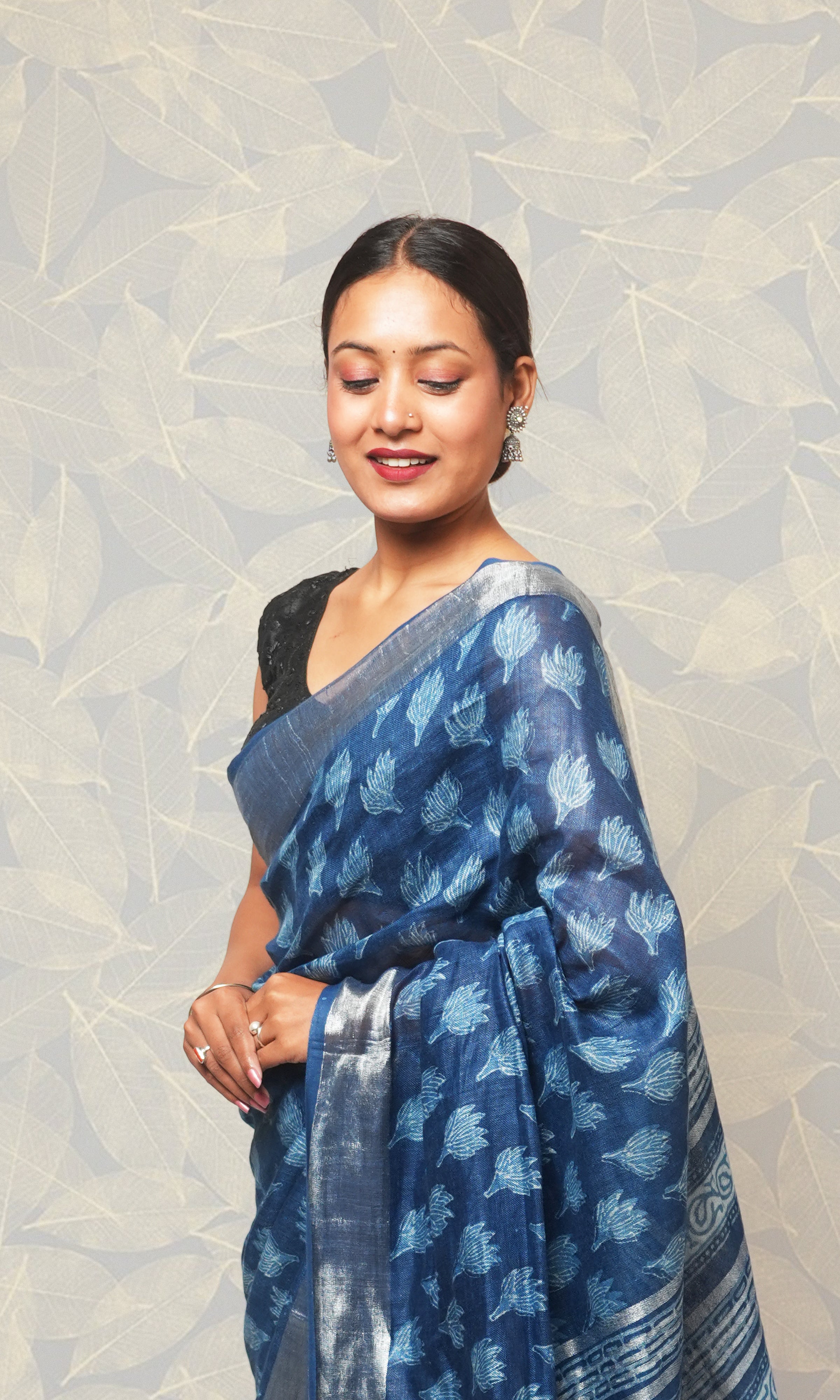Indigo Hand Blockprint Linen Saree