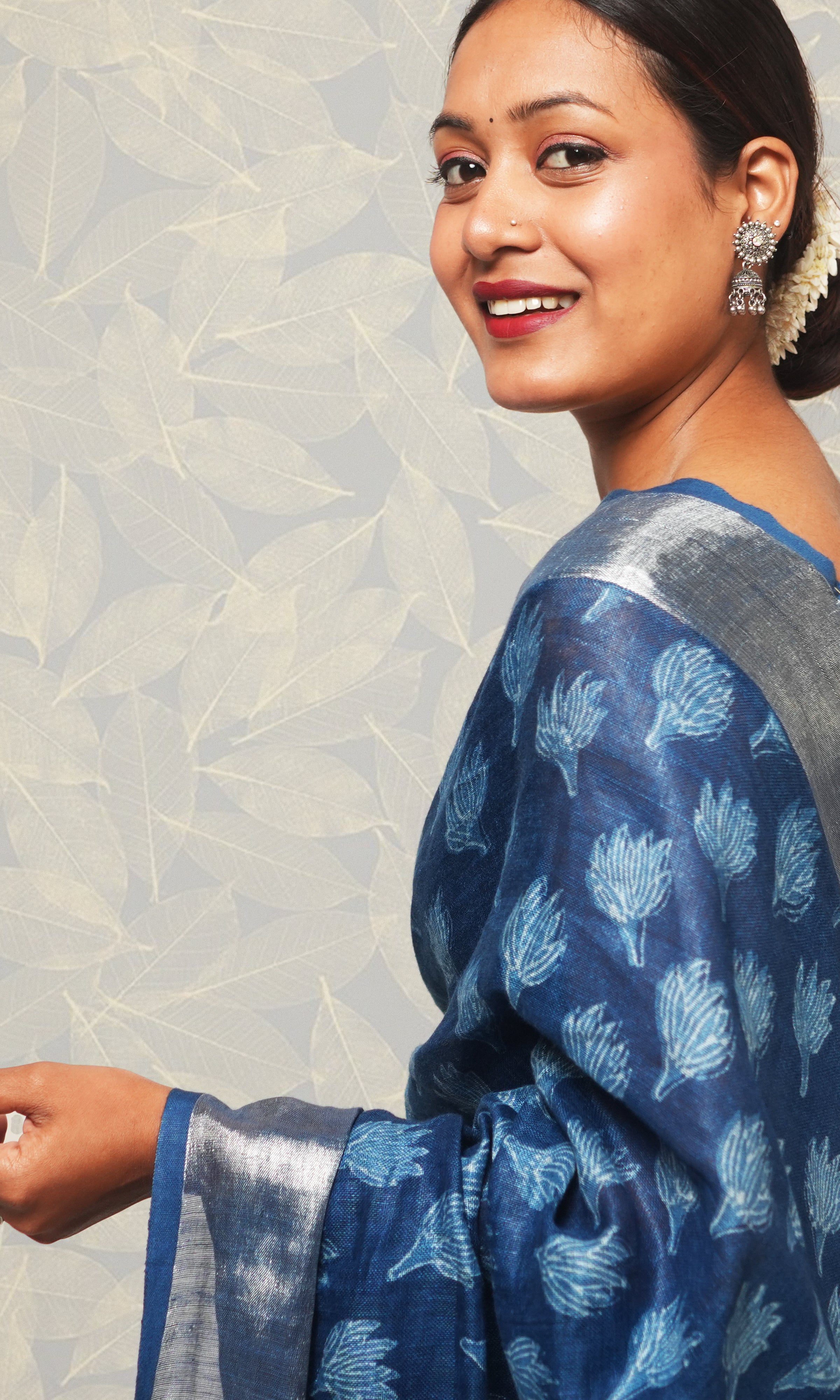 Indigo Hand Blockprint Linen Saree