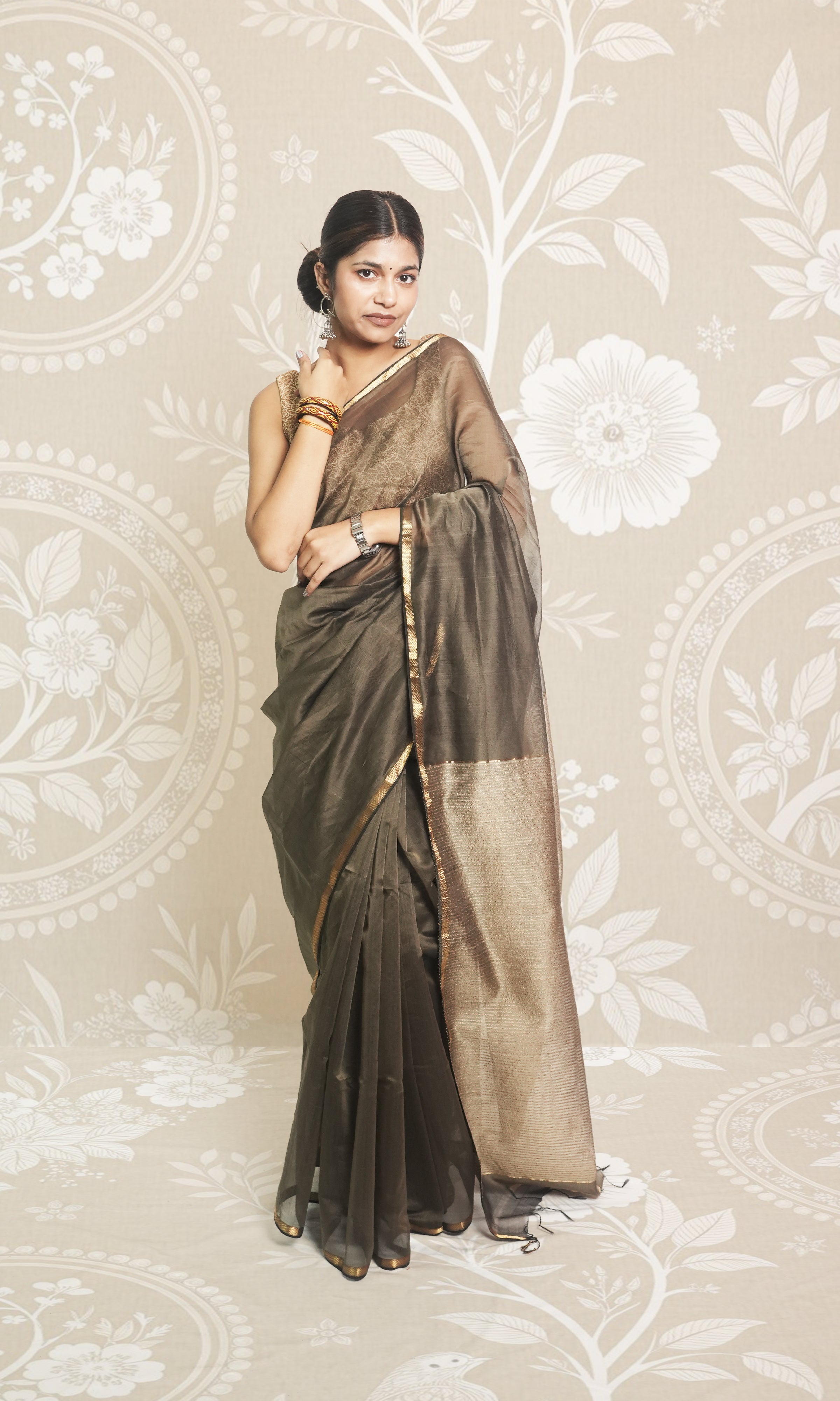 Light Brown with Geecha Palla Maheshwari Saree With Blouse Piece