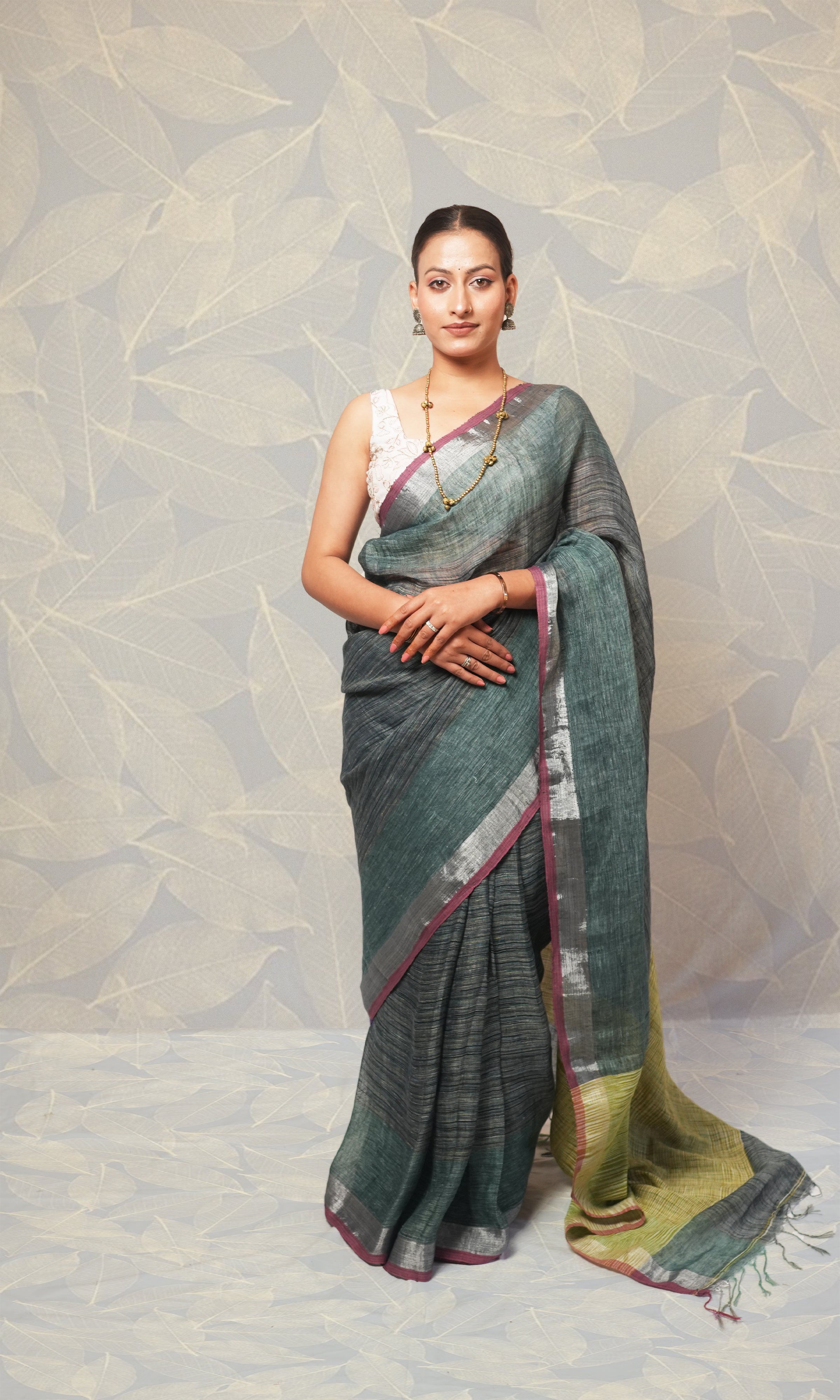 Thyme Green Linen Saree