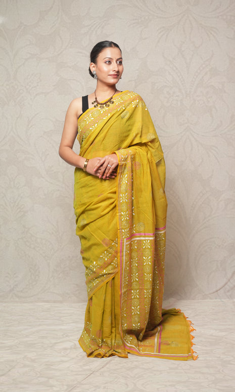 Pink And White Katha Work On Sap Green Cotton Saree